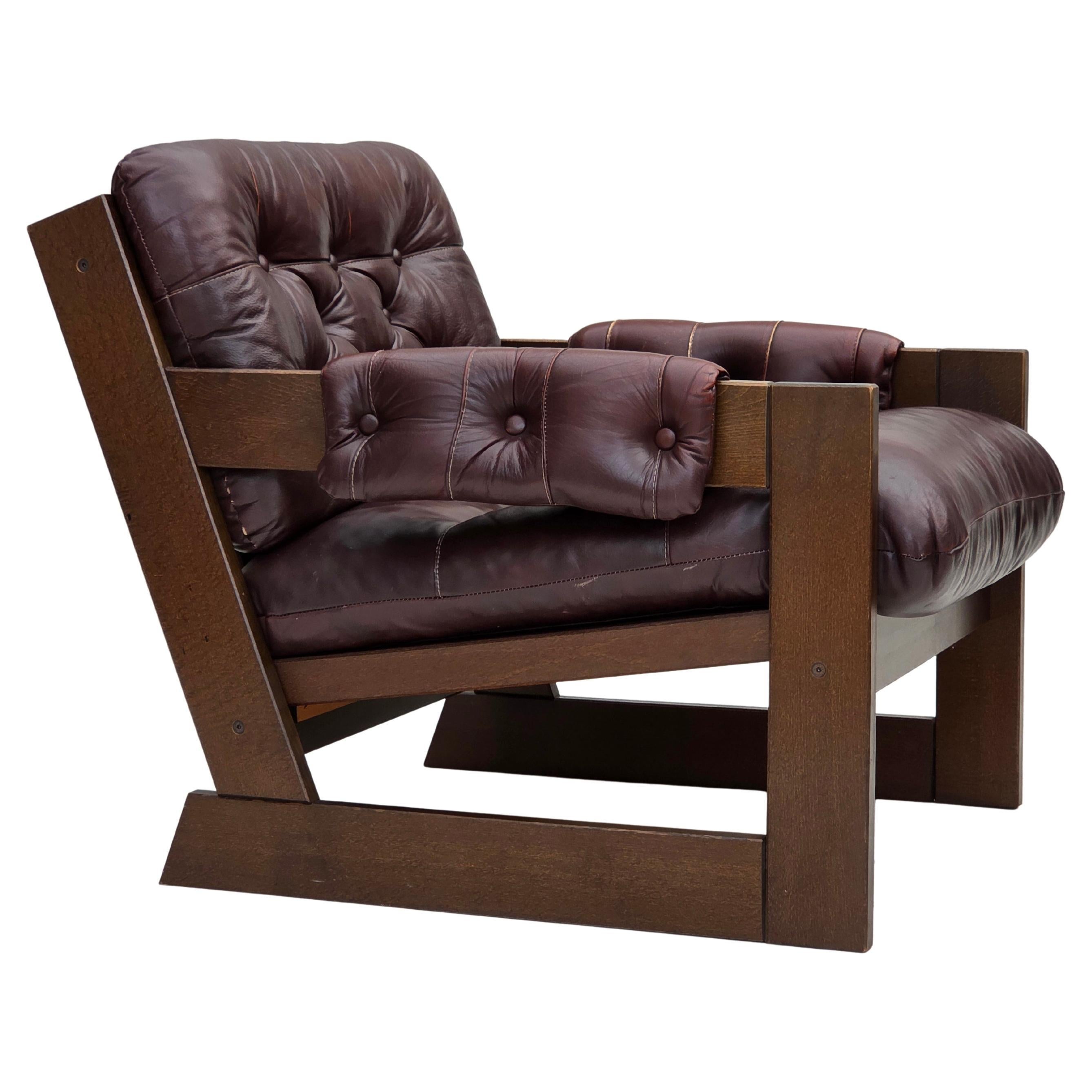 1970s, Scandinavian armchair, brown furniture leather, dark beech wood.