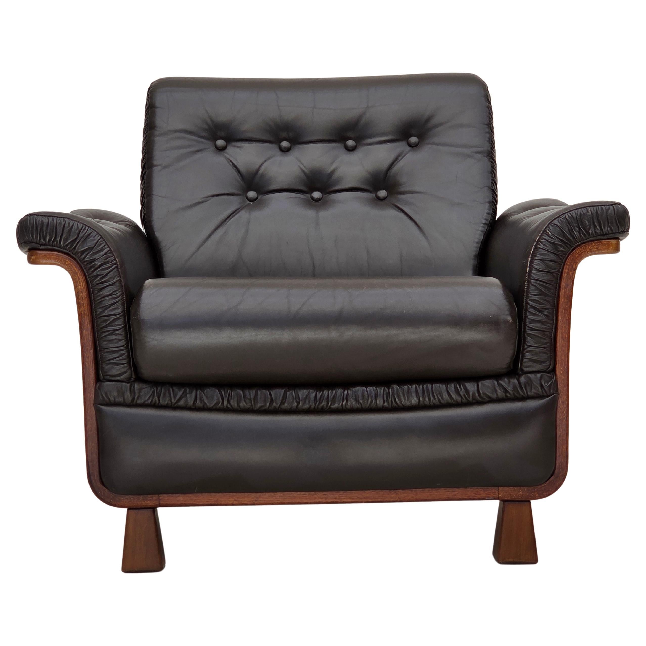1970s, Scandinavian armchair, brown furniture leather, teak wood legs.