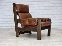 1970, fauteuil scandinave, meuble en cuir, toile, bois de chêne.