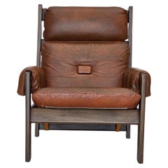 1970, fauteuil scandinave, meuble en cuir, toile, bois de chêne.