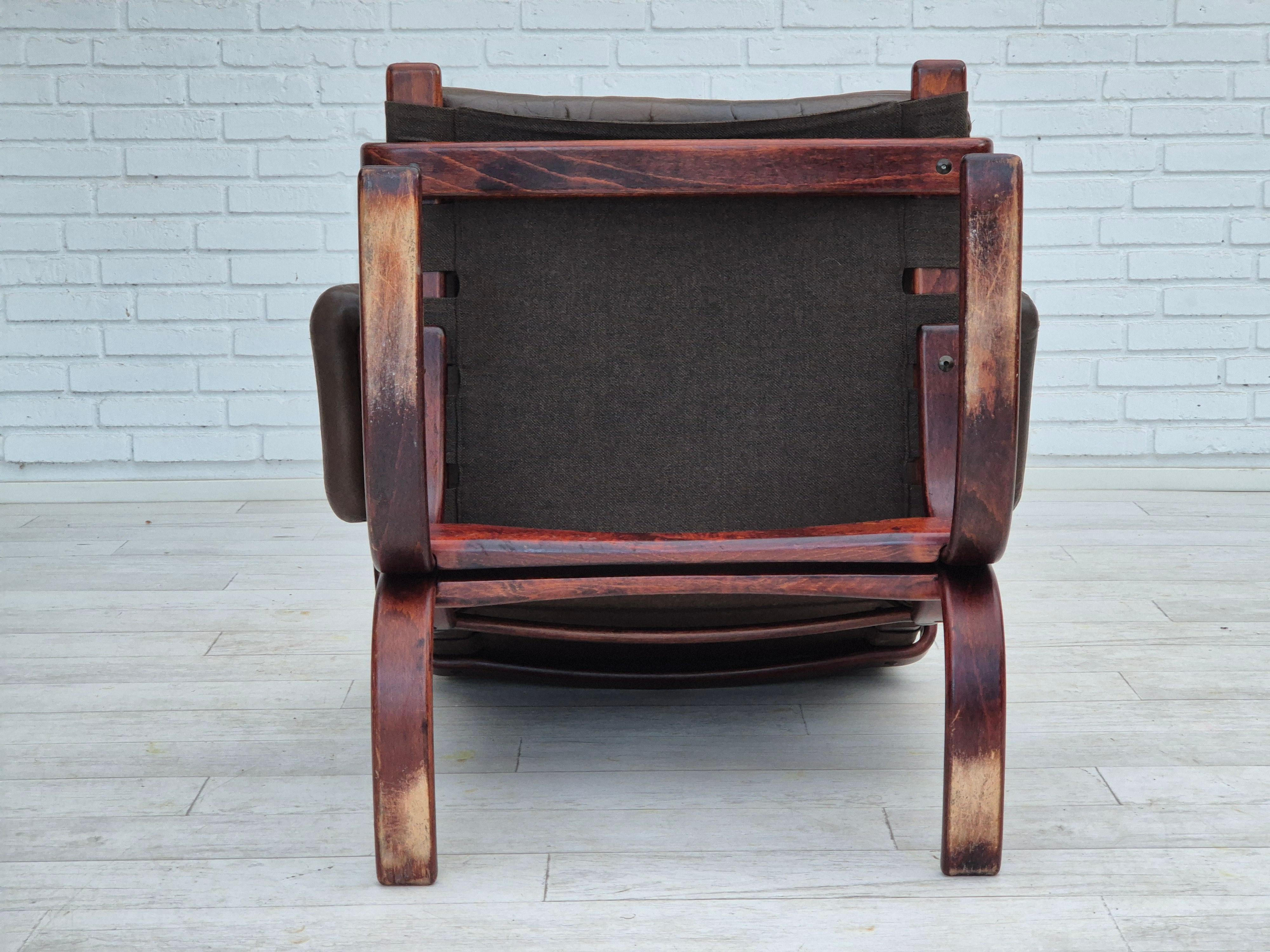 1970s, Scandinavian armchair, original condition, furniture leather, bent wood. For Sale 1