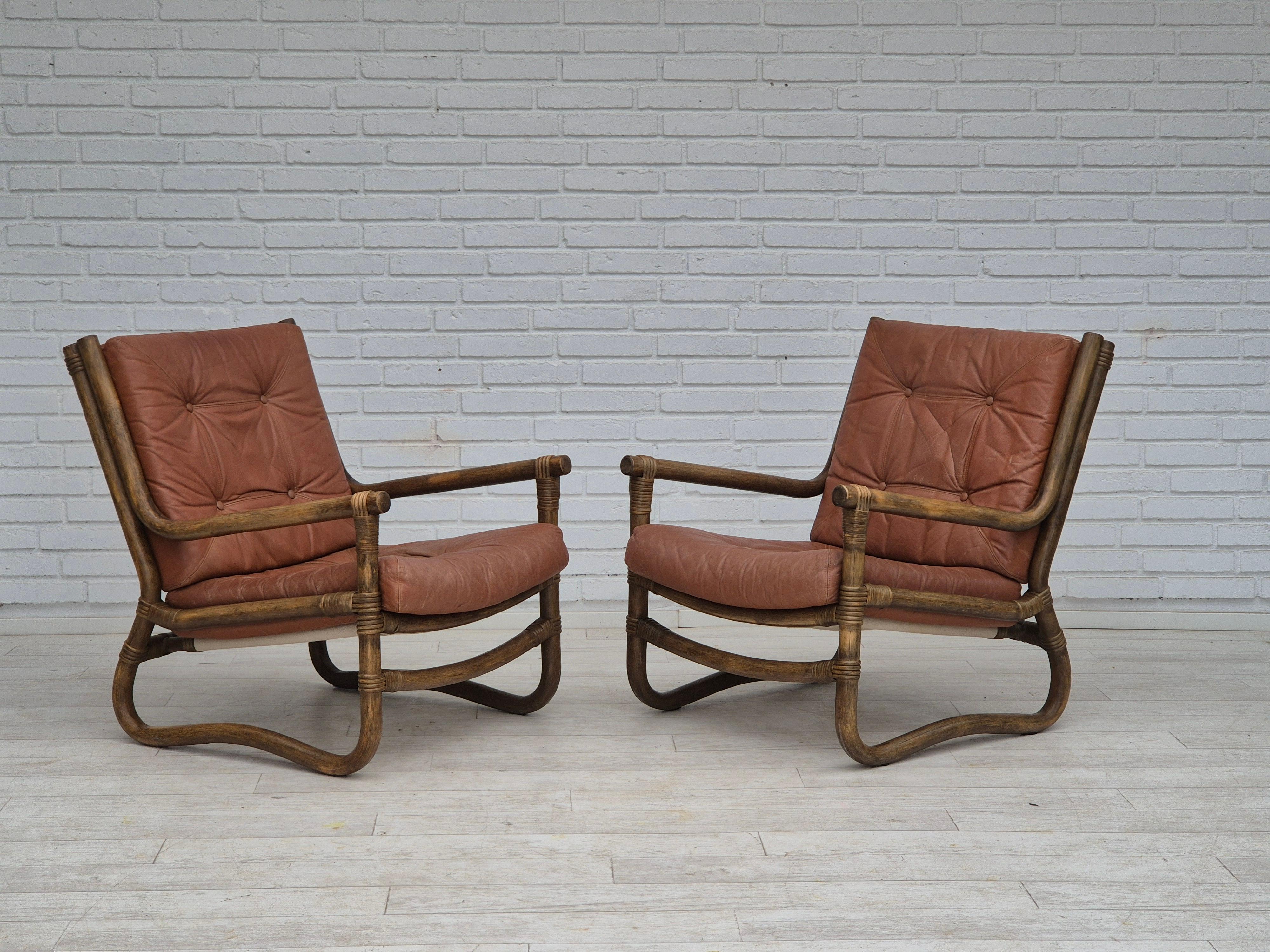 1970, fauteuil scandinave, très bon état d'origine, bambou, cuir. en vente 3