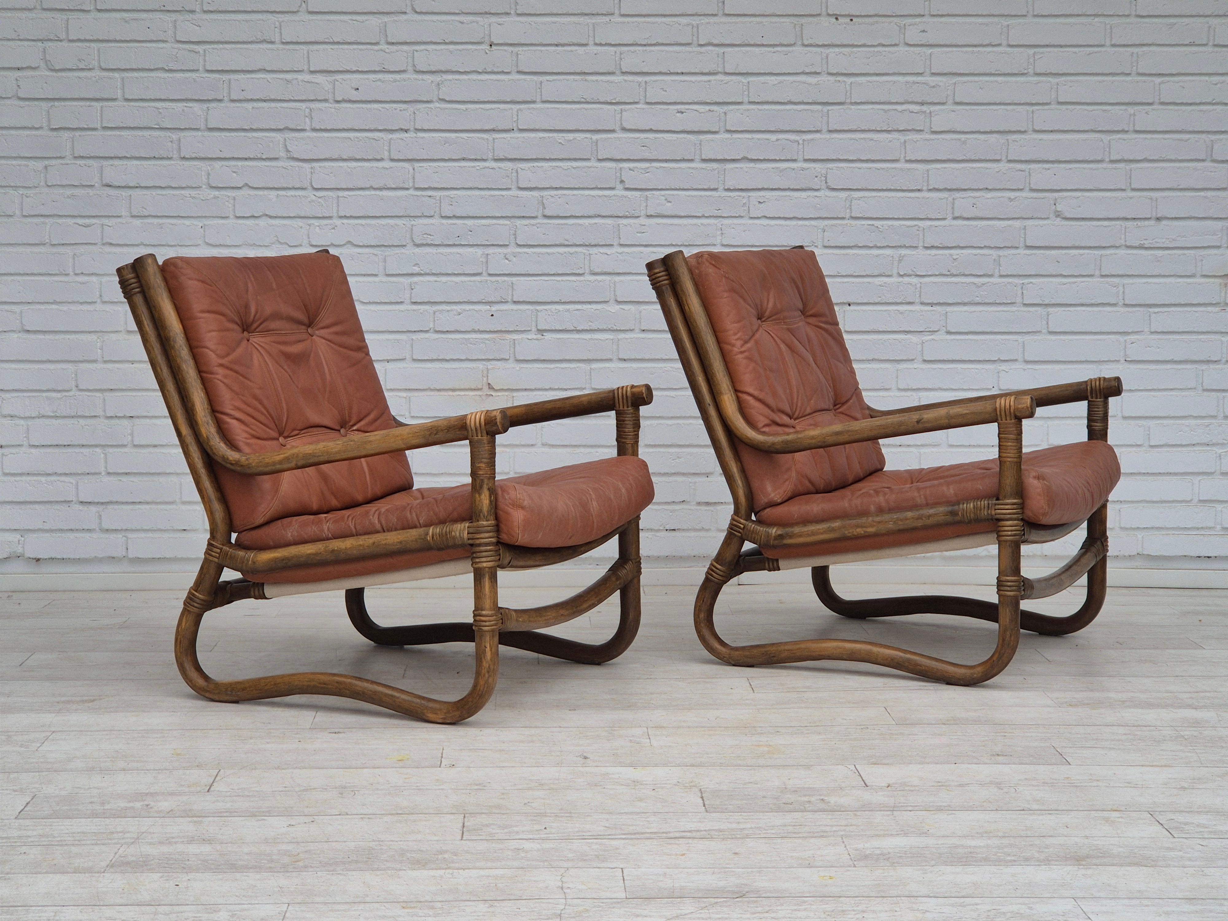 1970, fauteuil scandinave, très bon état d'origine, bambou, cuir. en vente 4