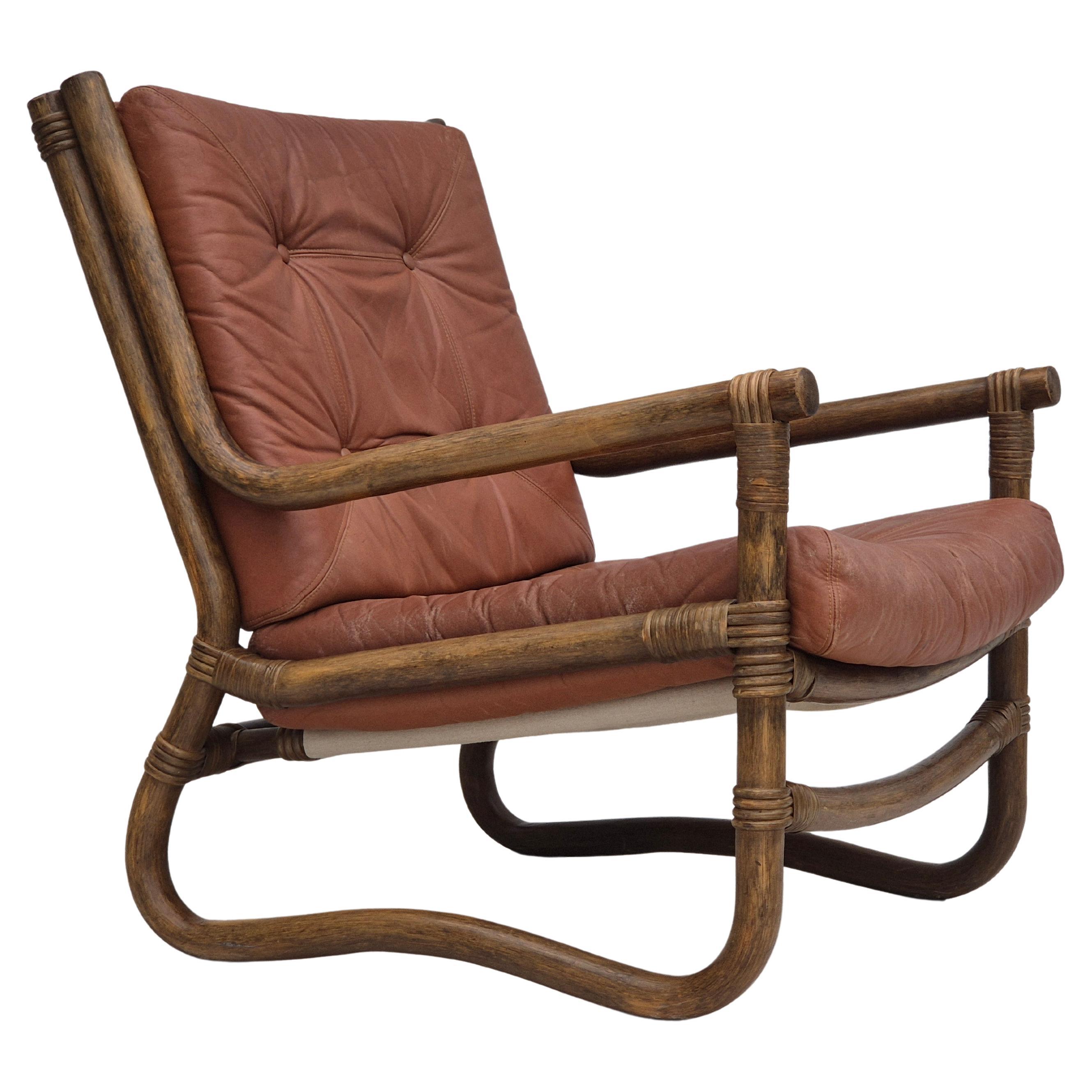Años 70, sillón escandinavo, original muy buen estado, bambú, cuero.