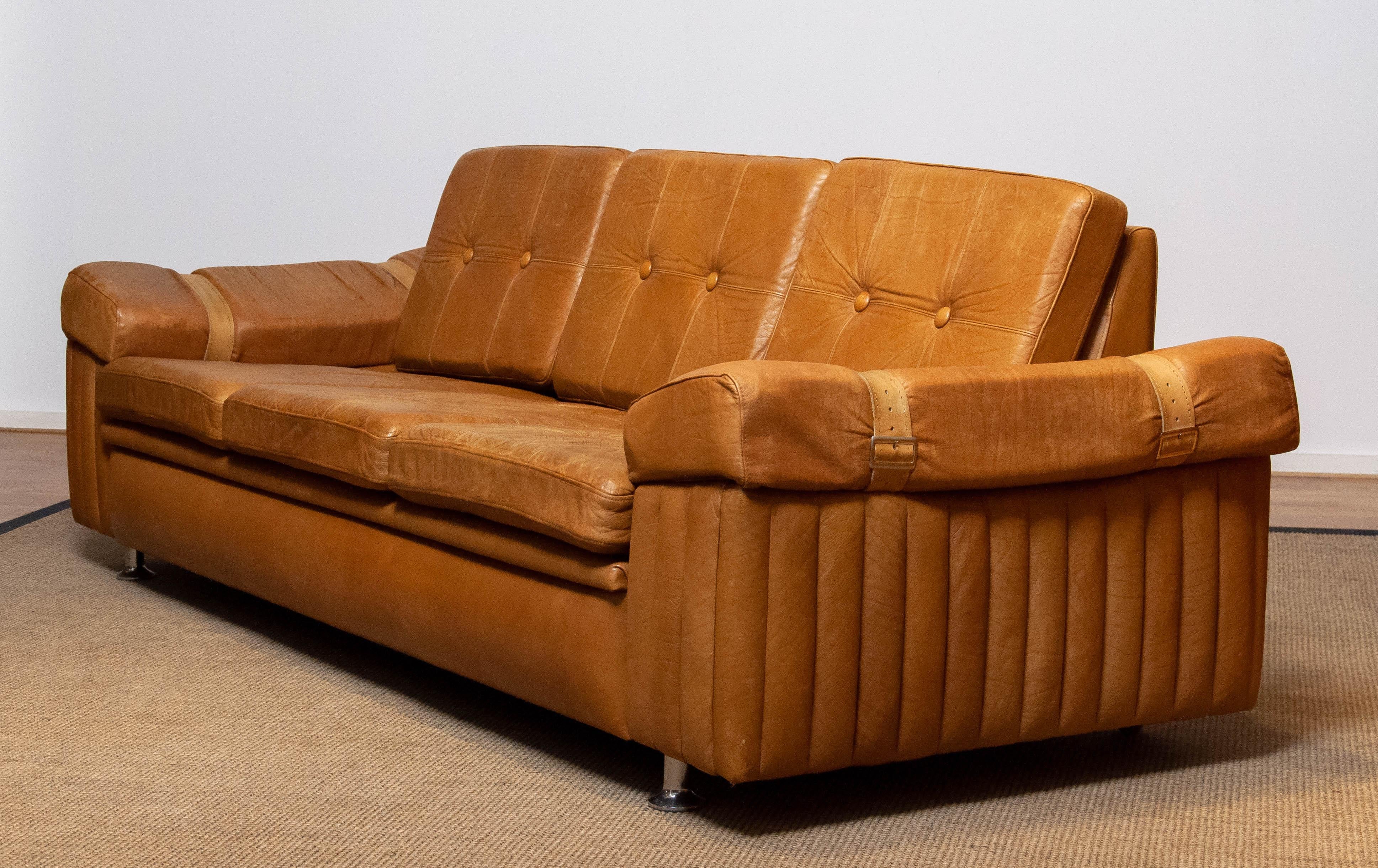 Swedish 1970s Scandinavian Brutalist Three-Seater Low-Back Sofa in Camel Colored Leather For Sale