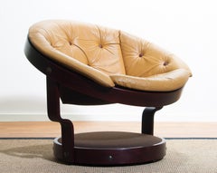 1970s Scandinavian Circle Shaped Swivel Chair by Oddmund Vad in Camel Leather