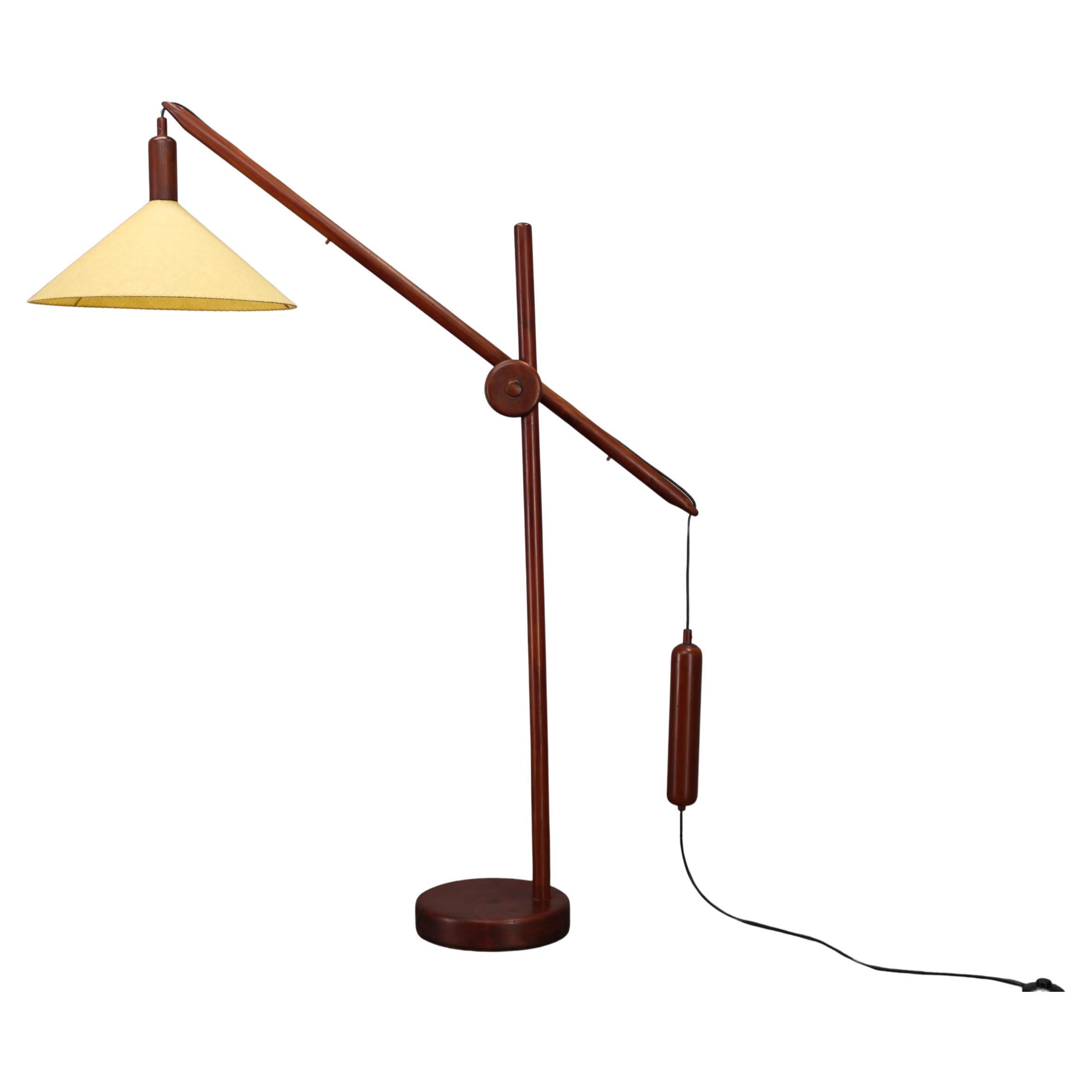 Lampada da terra scandinava a contrappeso in pino degli anni '70, paralume in carta nuovo