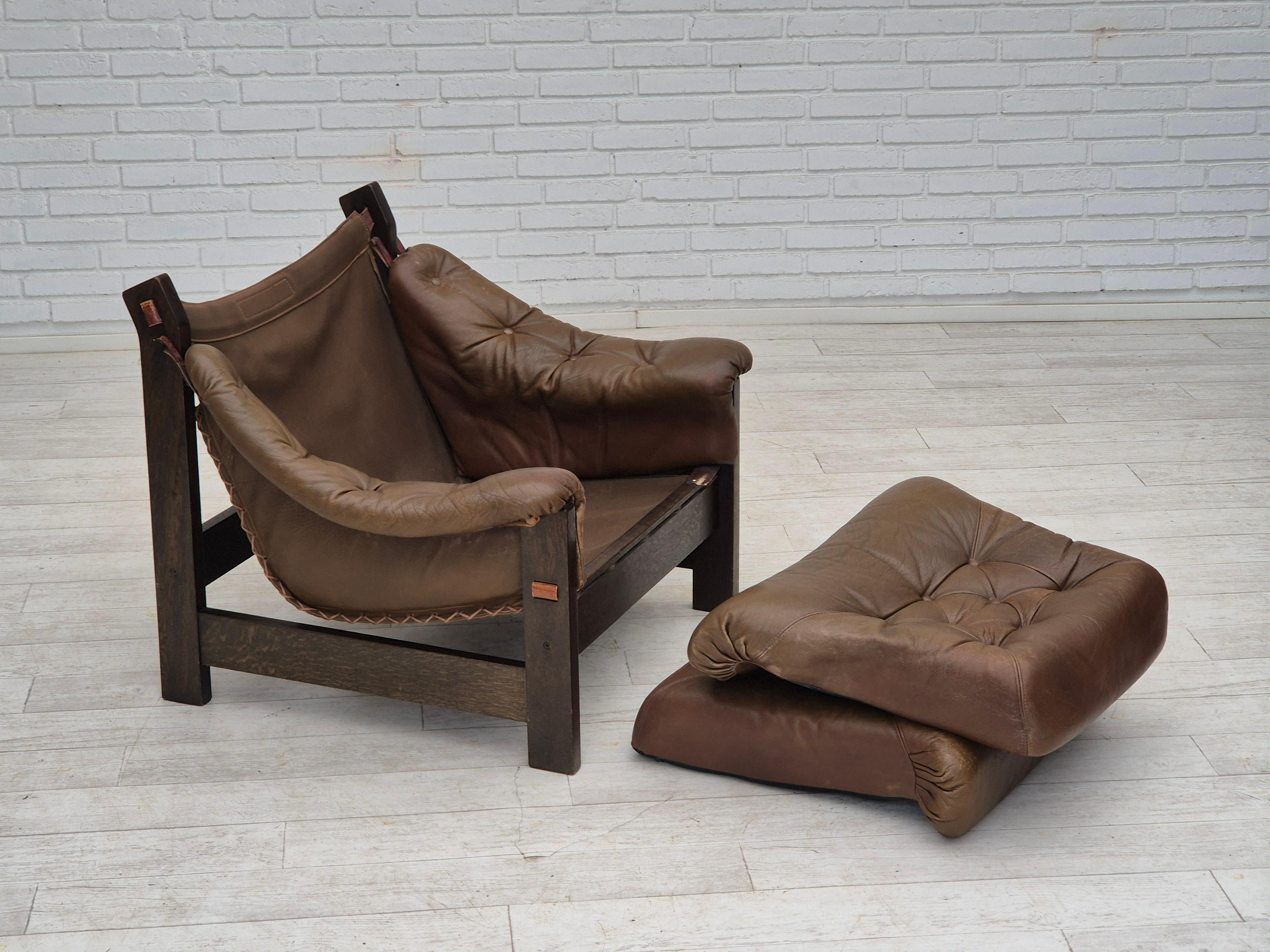 1970, design scandinave, chaise de style safari, état original, cuir. Bon état - En vente à Tarm, 82