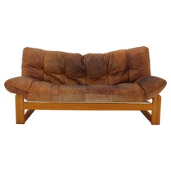 Vintage 1970s Scandinavian Leather and Pine 2-Seater Sofa 