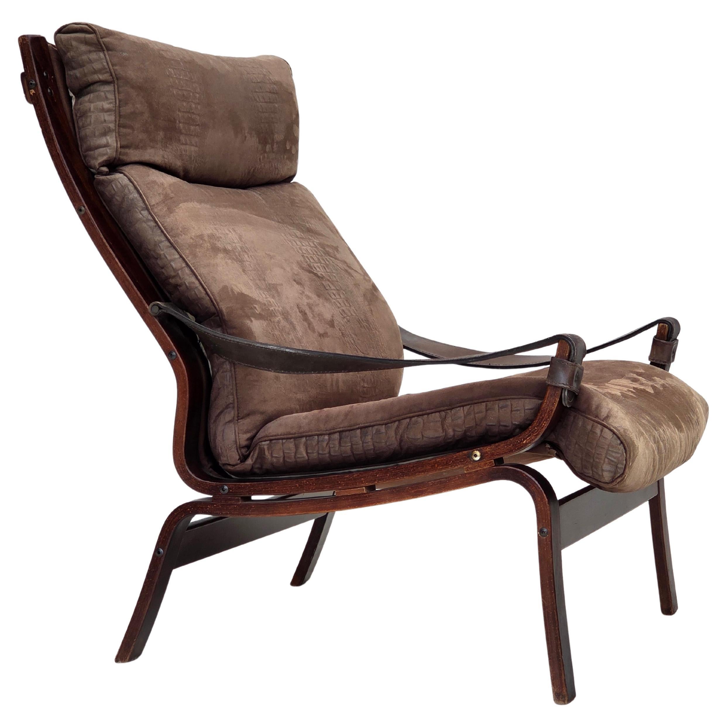 1970er Jahre, skandinavischer Loungesessel, Nubukleder, Segeltuch, Buchenholz.