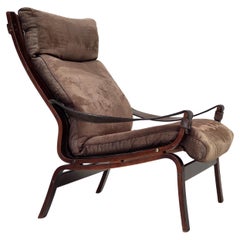 1970s, Scandinavian lounge chair, nubuck leather, canvas, beech wood.