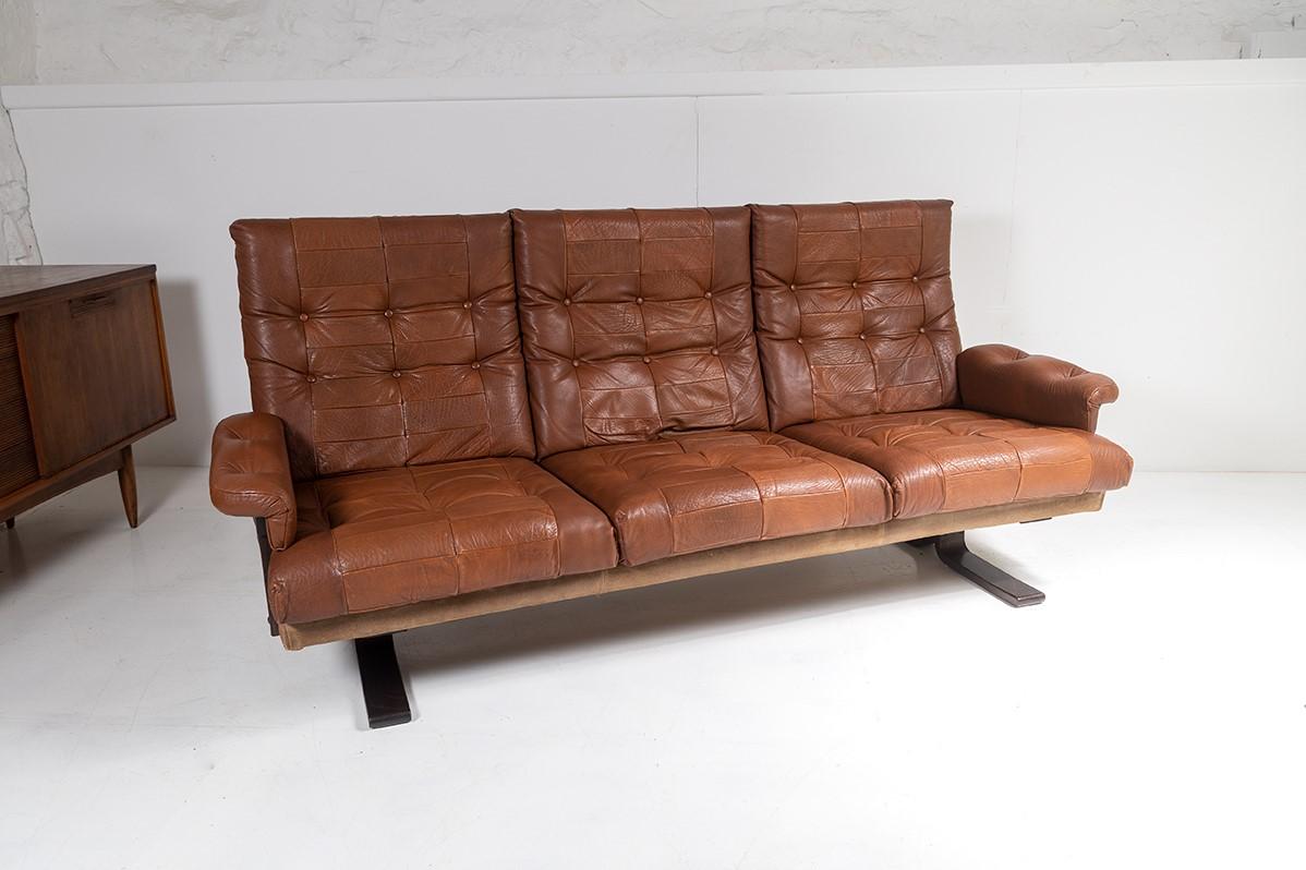 1970s Scandinavian Mid Century Brown Patchwork Leather and Suede 3 Seater Sofa 6