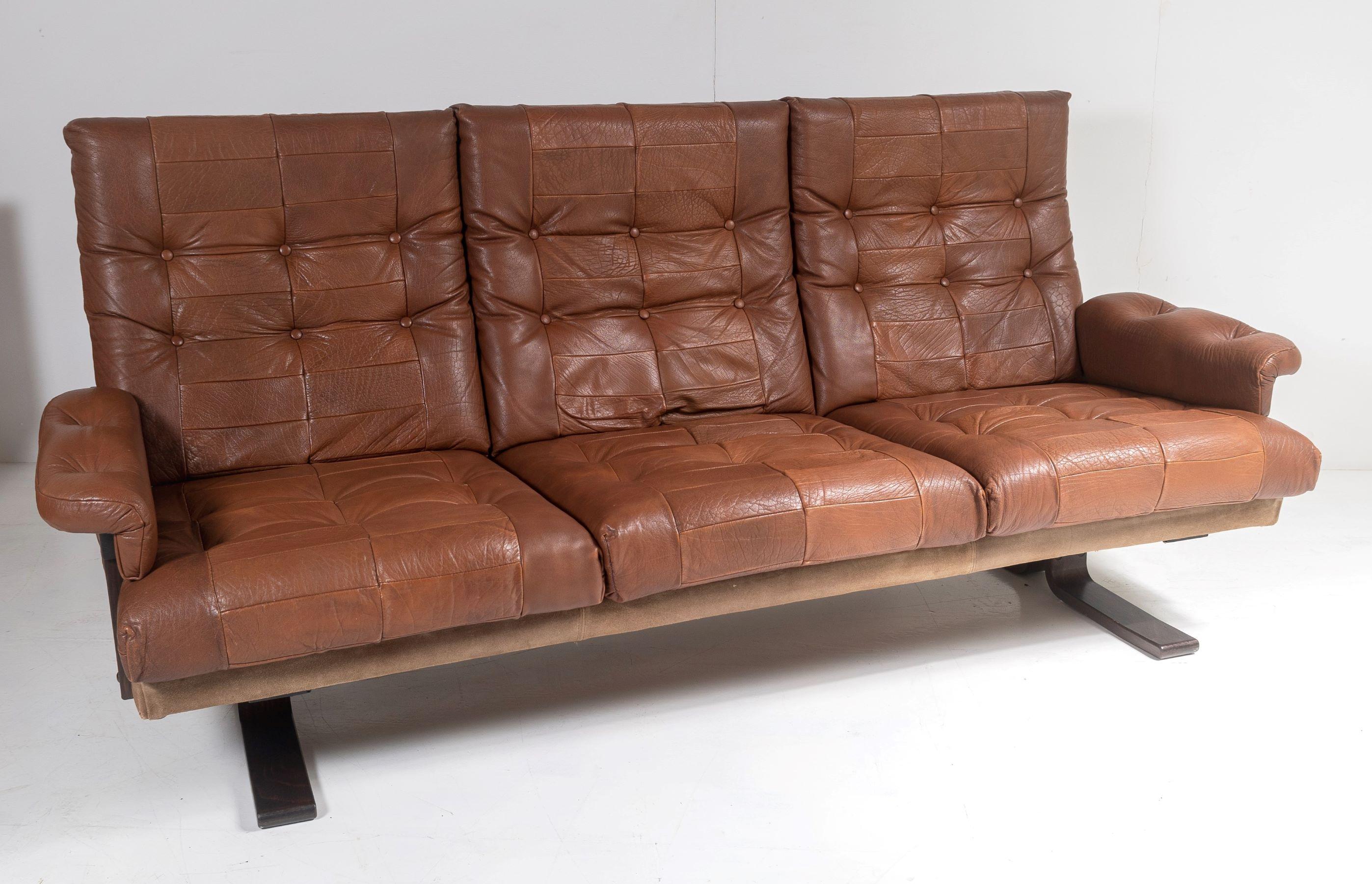 Scandinavian Modern 1970s Scandinavian Mid Century Brown Patchwork Leather and Suede 3 Seater Sofa