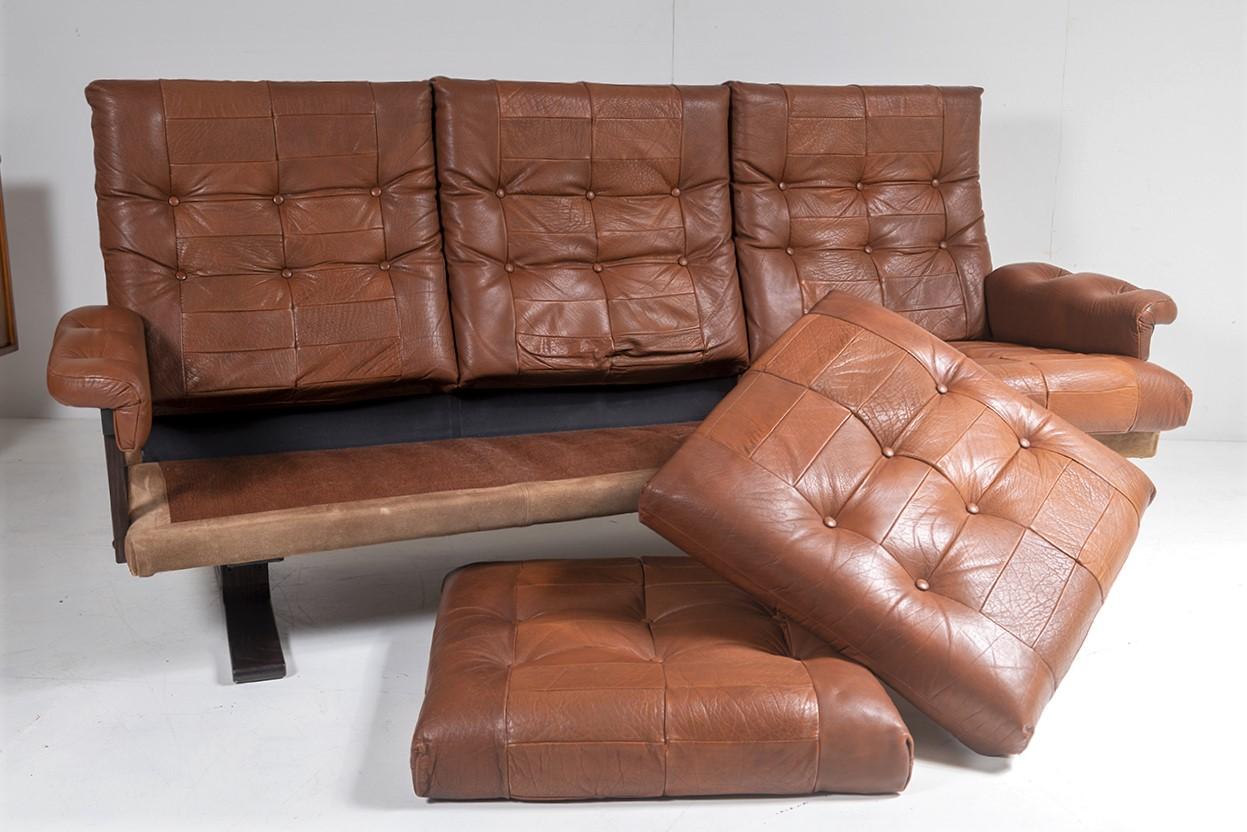 1970s Scandinavian Mid Century Brown Patchwork Leather and Suede 3 Seater Sofa 2