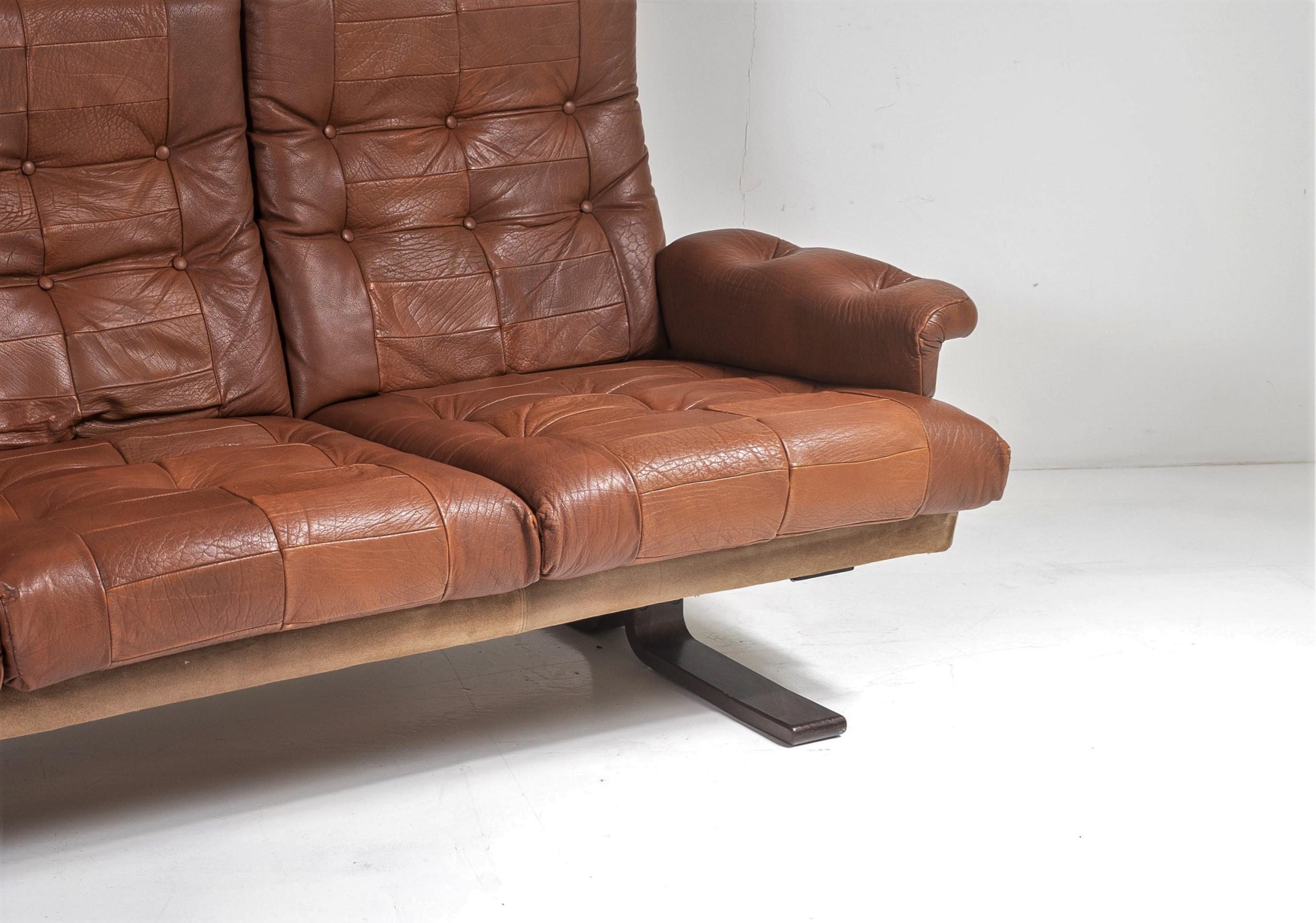 1970s Scandinavian Mid Century Brown Patchwork Leather and Suede 3 Seater Sofa 3