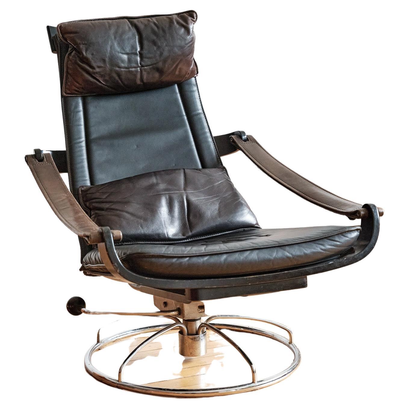 MidCentury Modern Black Leather Swivel Chair at 1stDibs