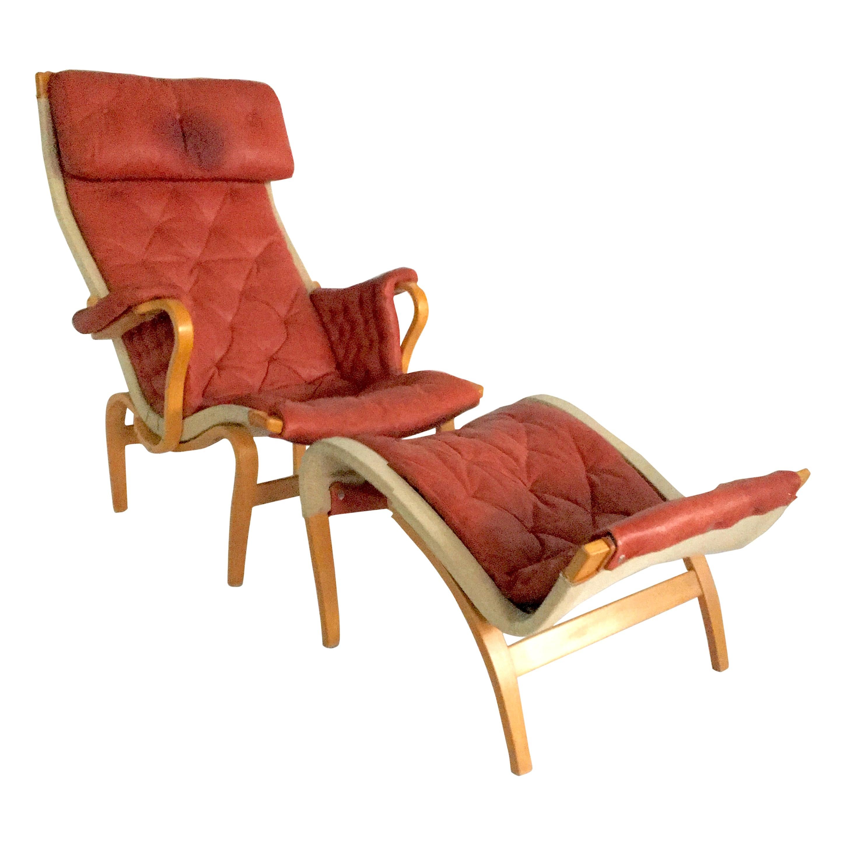 1970s Scandinavian Modern Leather, Bentwood Lounge Chair and Ottoman by Mathsson