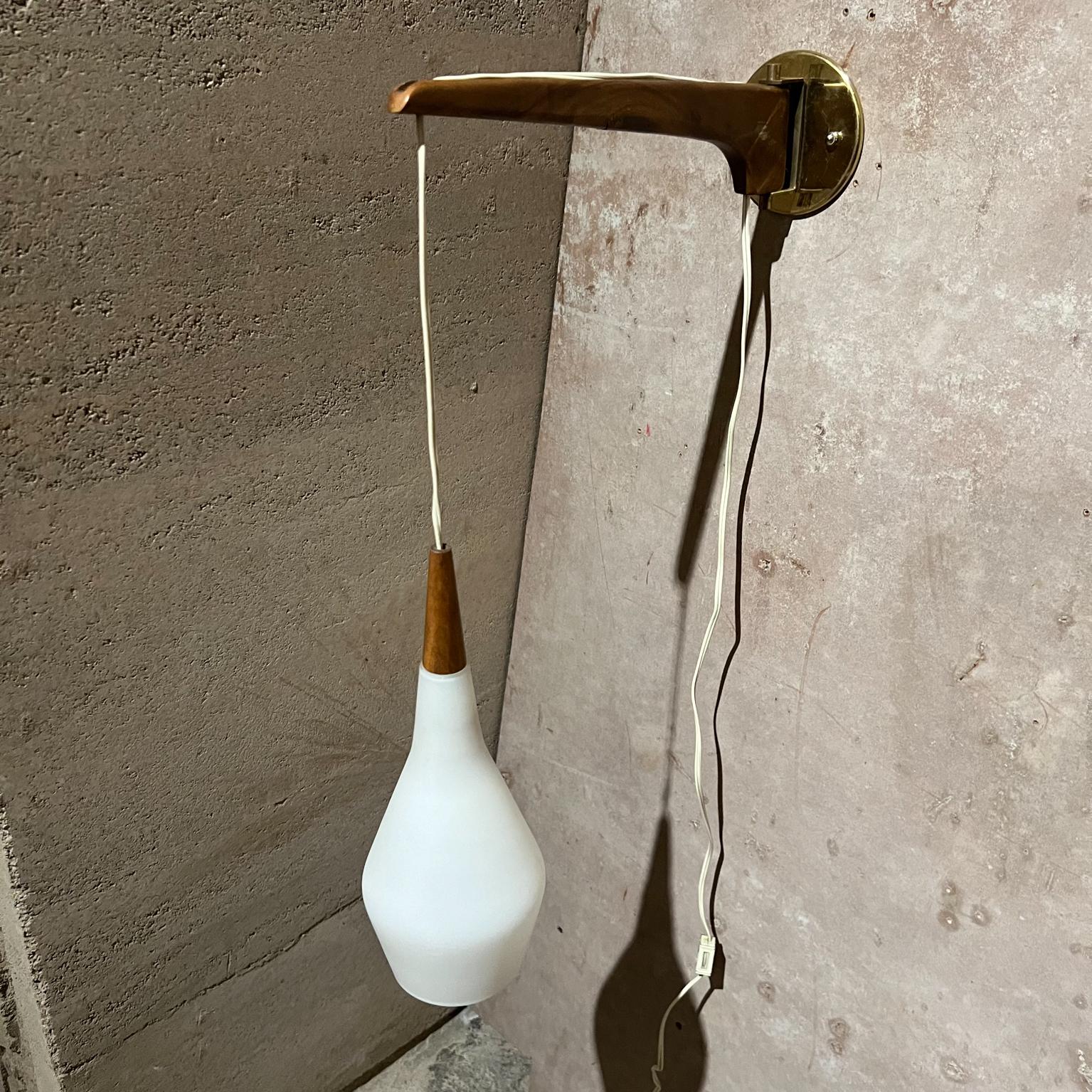 European 1970s Scandinavian Modern Wall Sconce Swag Pendant Teakwood and Frosted Glass For Sale