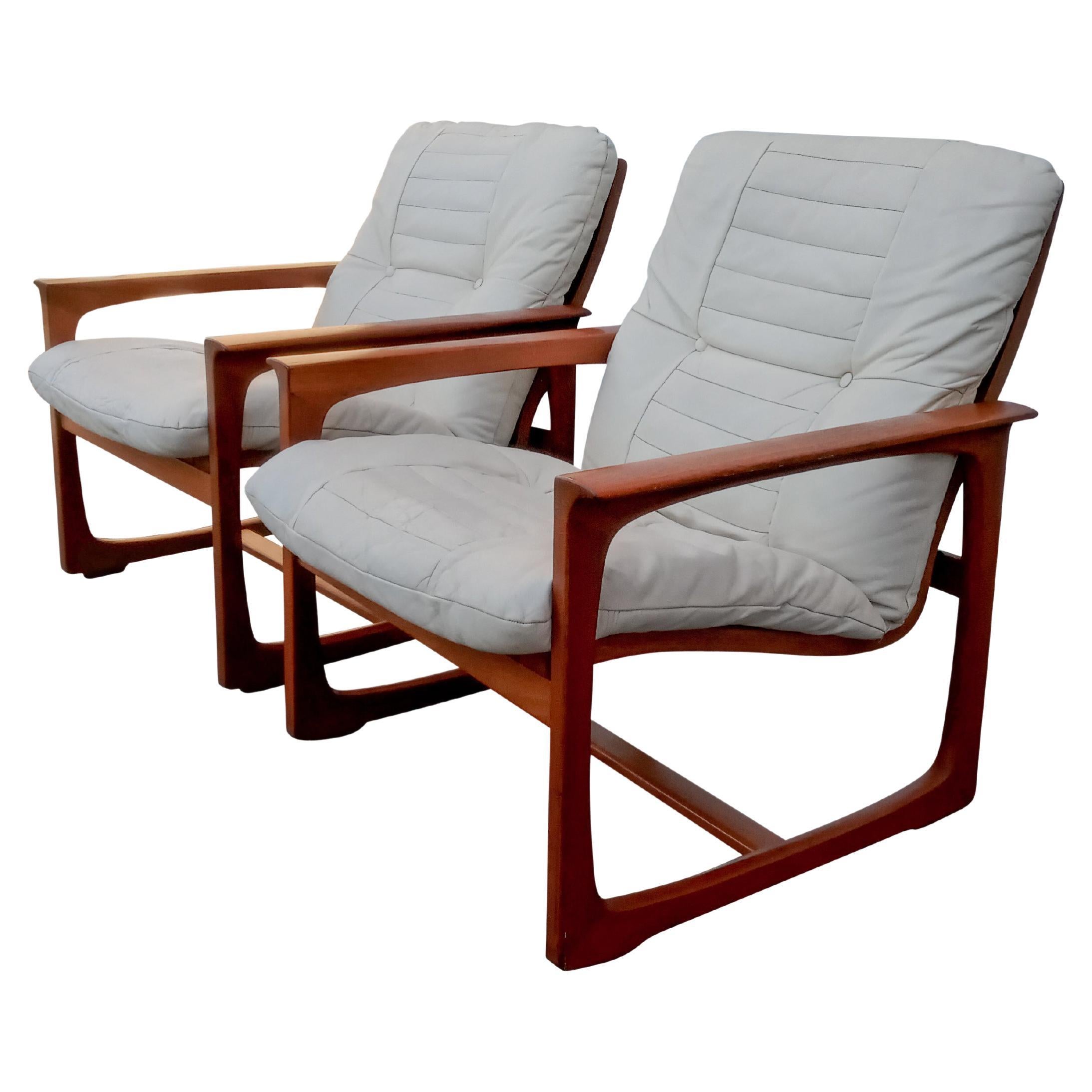 1970s Scandinavian Pair Lounge Chairs, Lied Mobler Norway, Teak & Leather For Sale