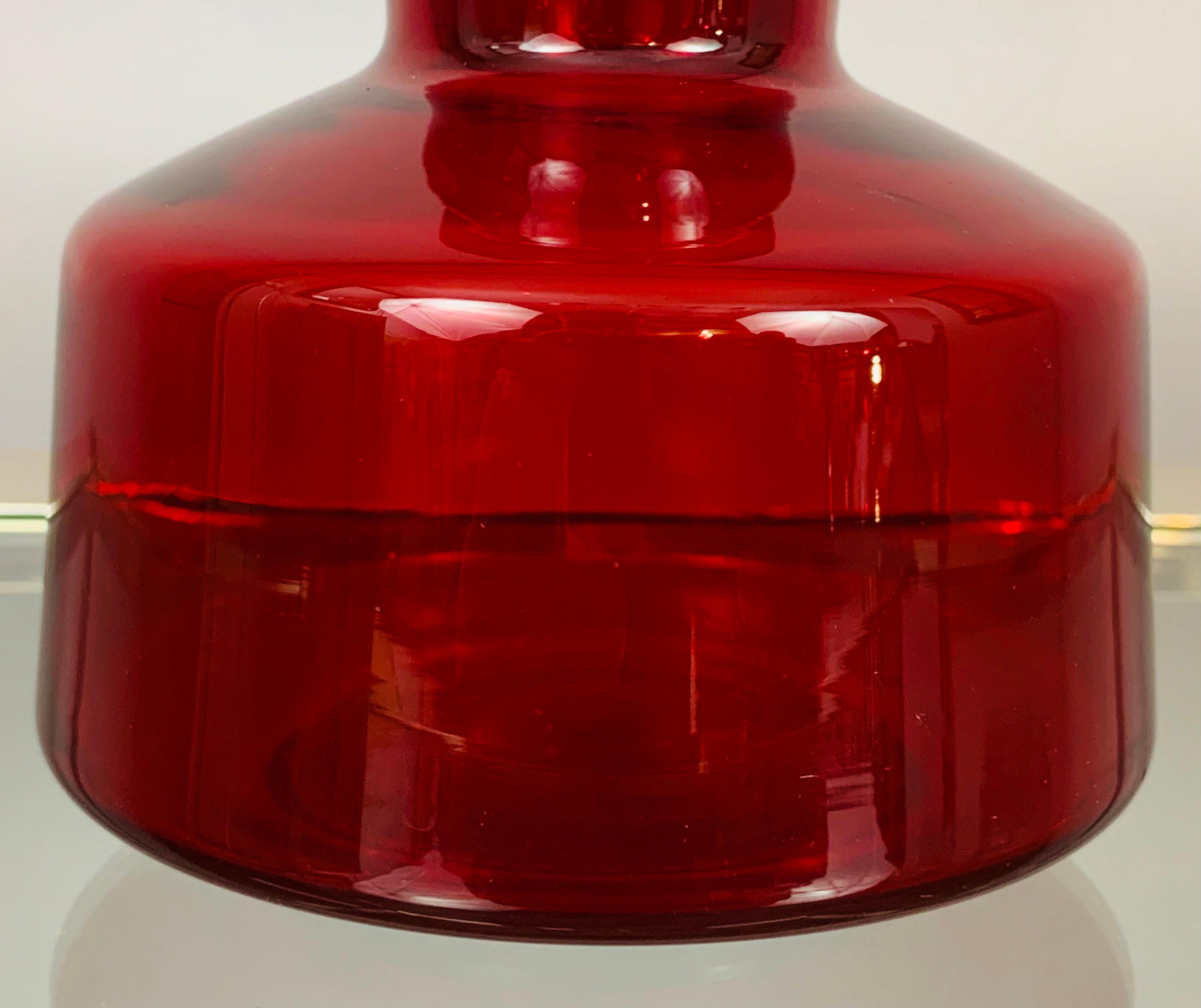 1970s Scandinavian Red Glass Flask with Stopper -Tamara Aladin for Riihimaki 5