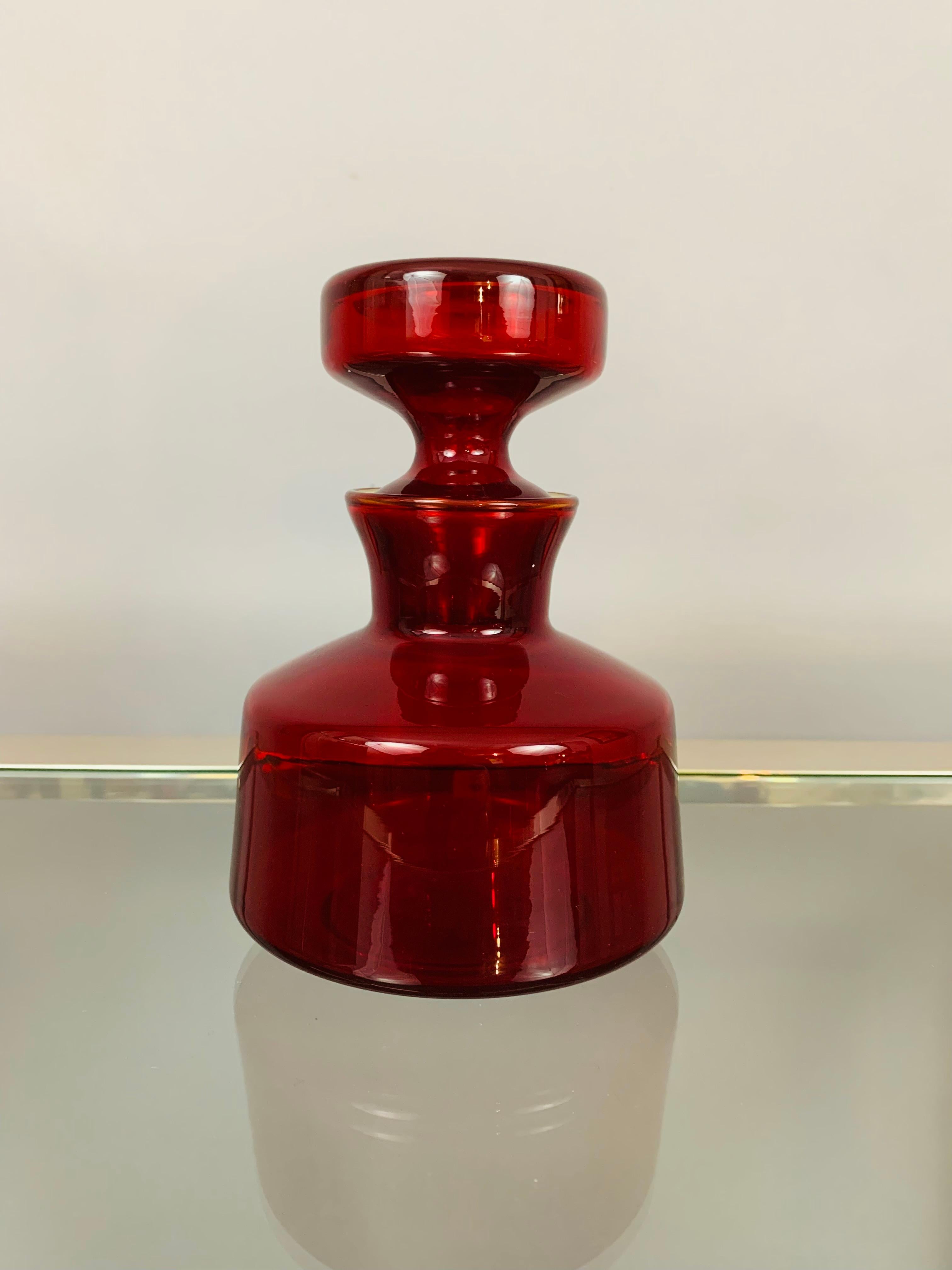 Mid-Century Modern 1970s Scandinavian Red Glass Flask with Stopper -Tamara Aladin for Riihimaki