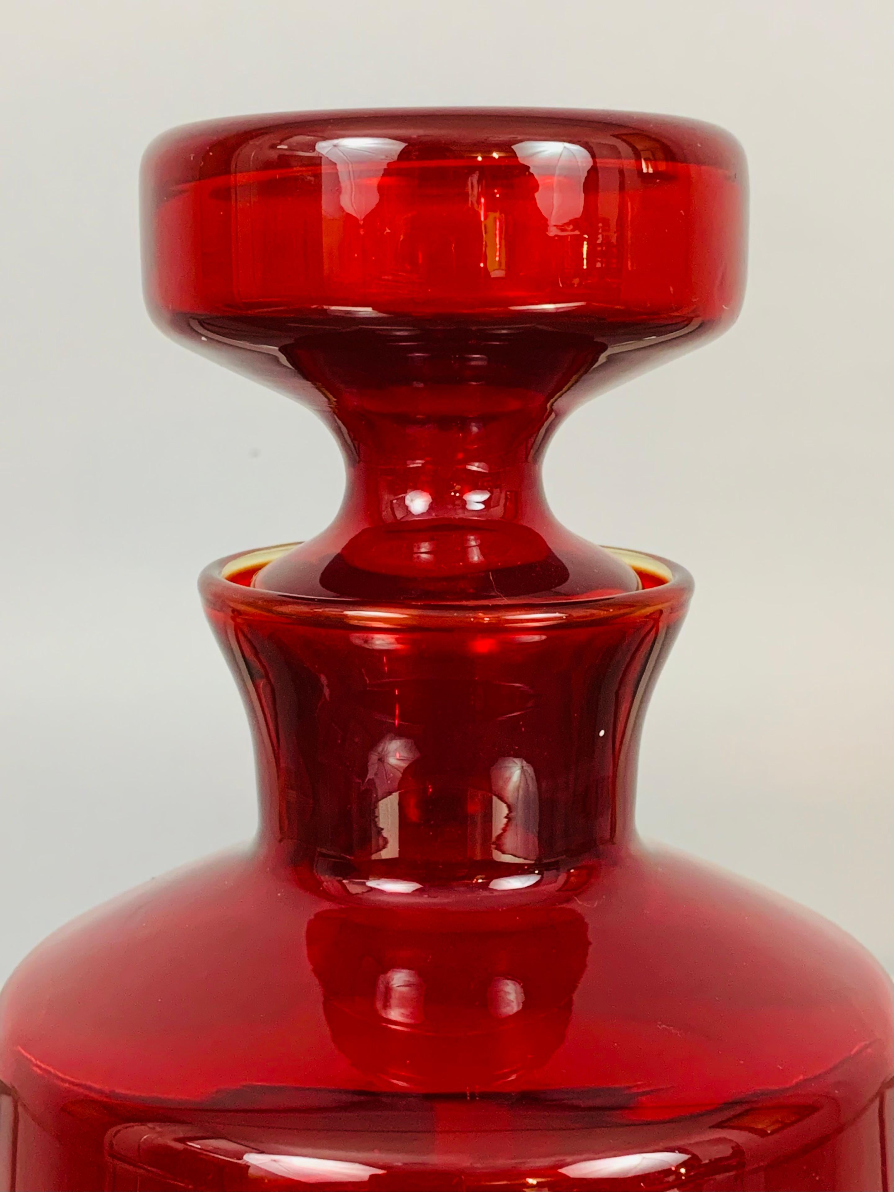 1970s Scandinavian Red Glass Flask with Stopper -Tamara Aladin for Riihimaki 3