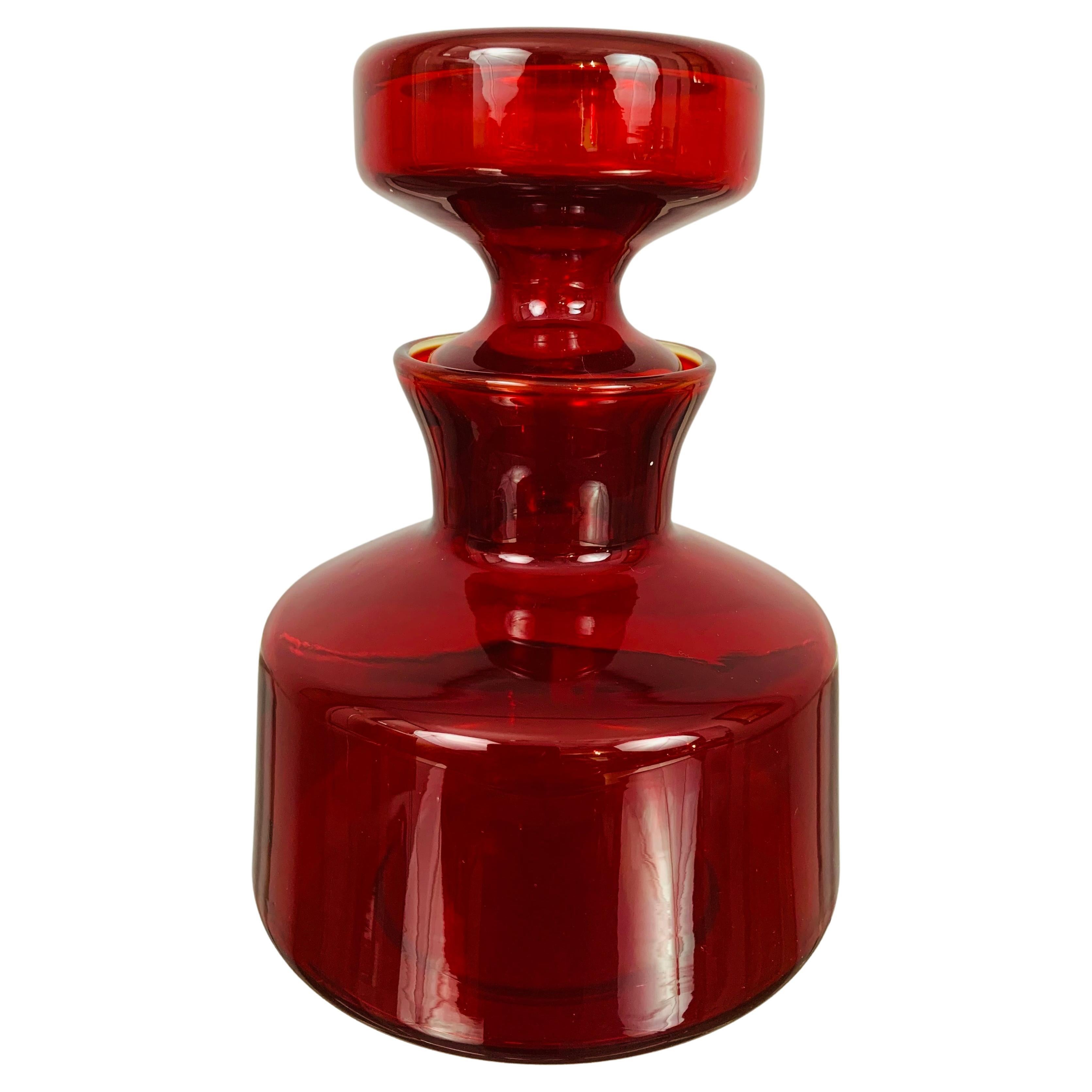 1970s Scandinavian Red Glass Flask with Stopper -Tamara Aladin for Riihimaki