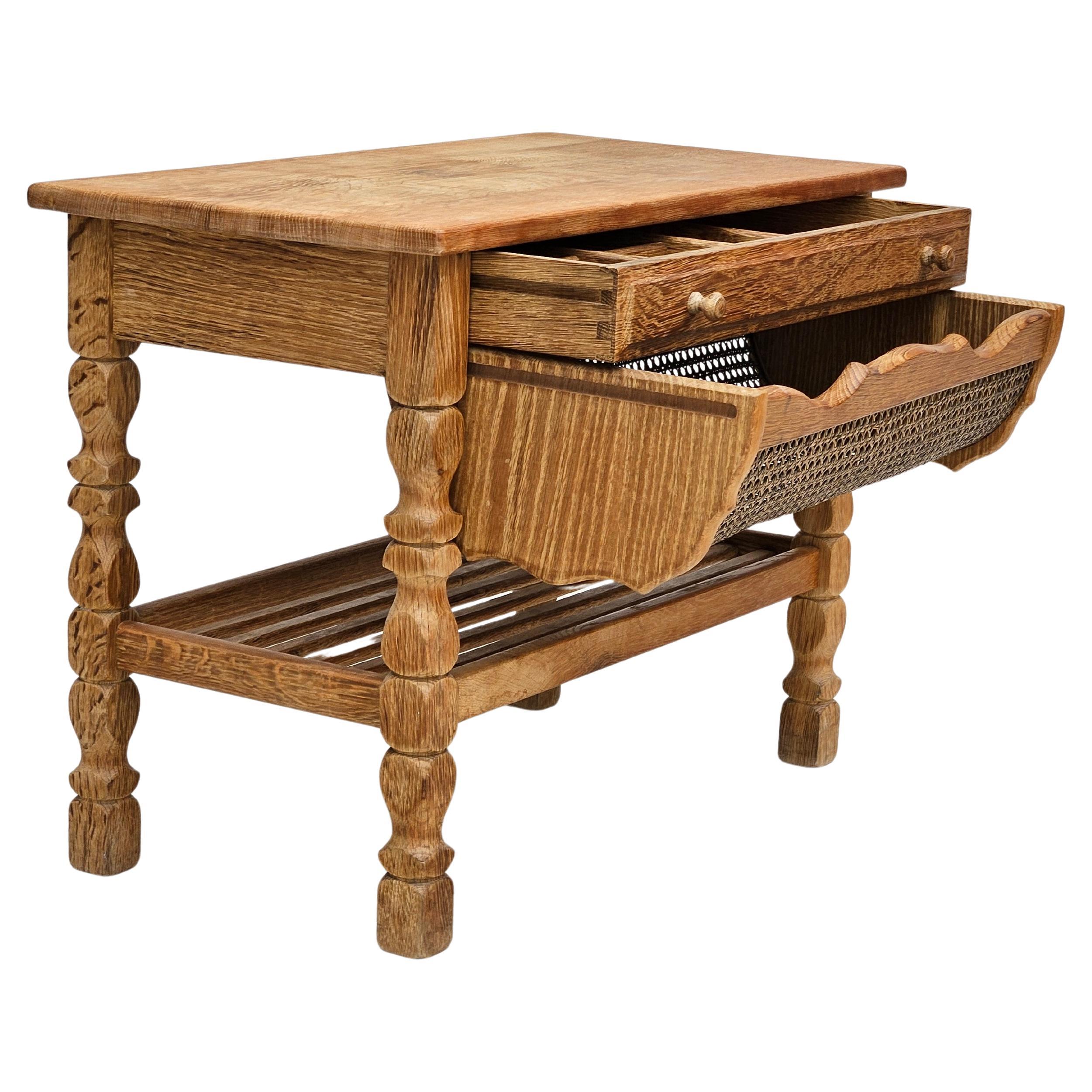 1970s, Scandinavian sewing table, solid oak wood, rattan.