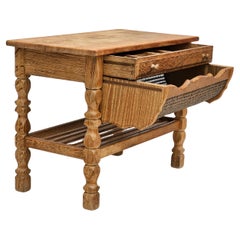 1970s, Scandinavian sewing table, solid oak wood, rattan.