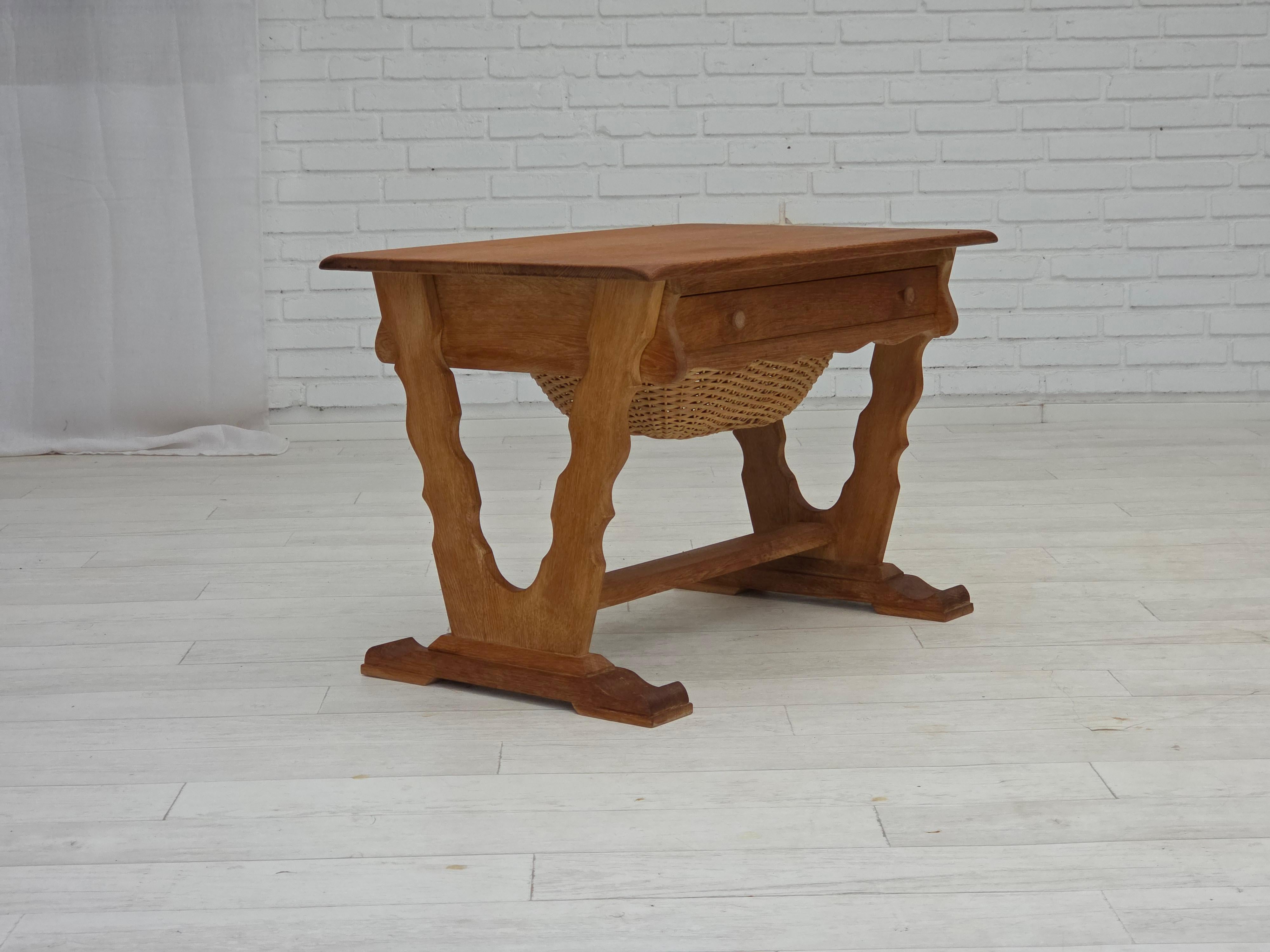 Danish 1970s, Scandinavian side table with drawers, solid oak wood, rattan. For Sale