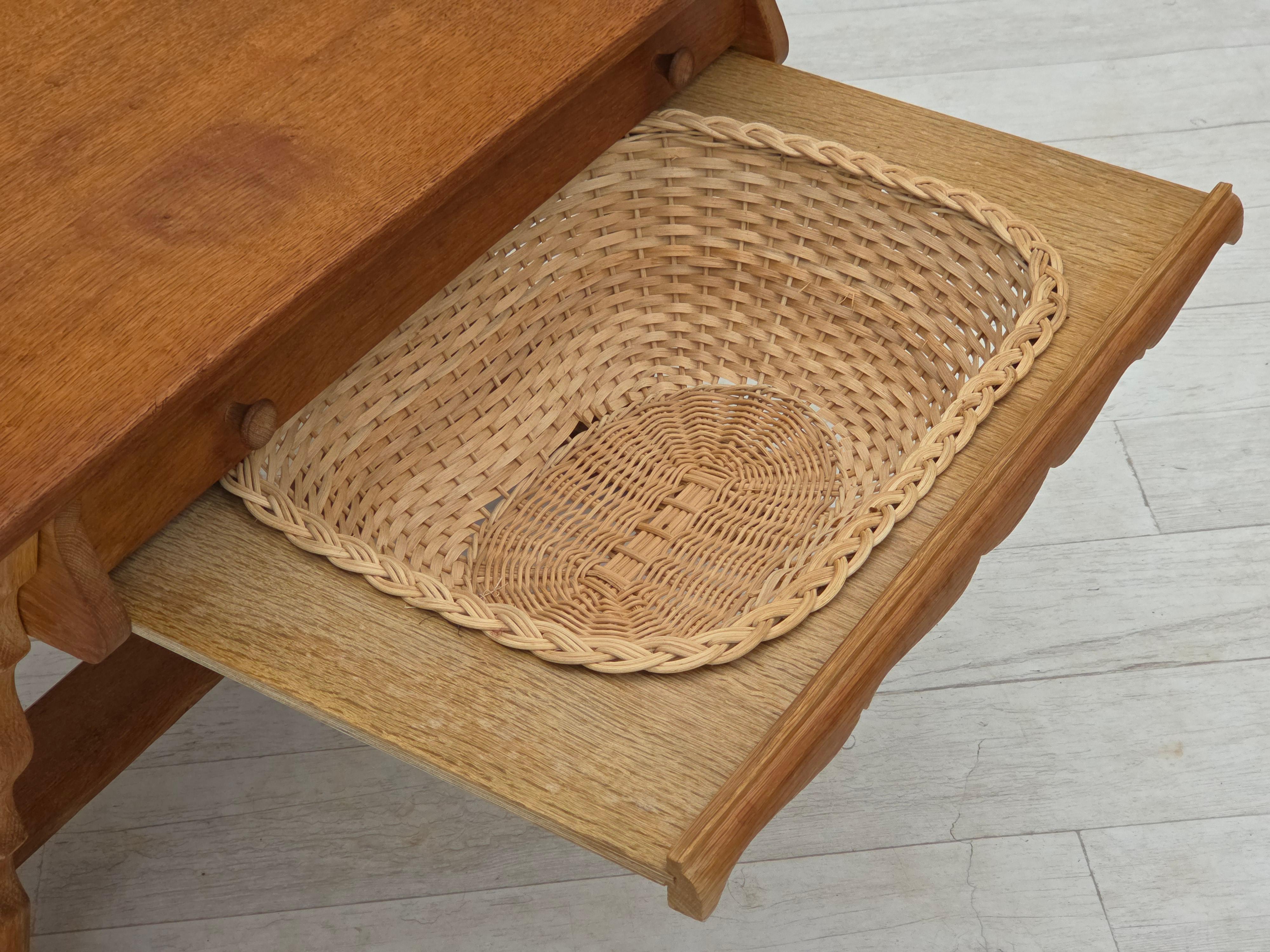Mid-20th Century 1970s, Scandinavian side table with drawers, solid oak wood, rattan. For Sale