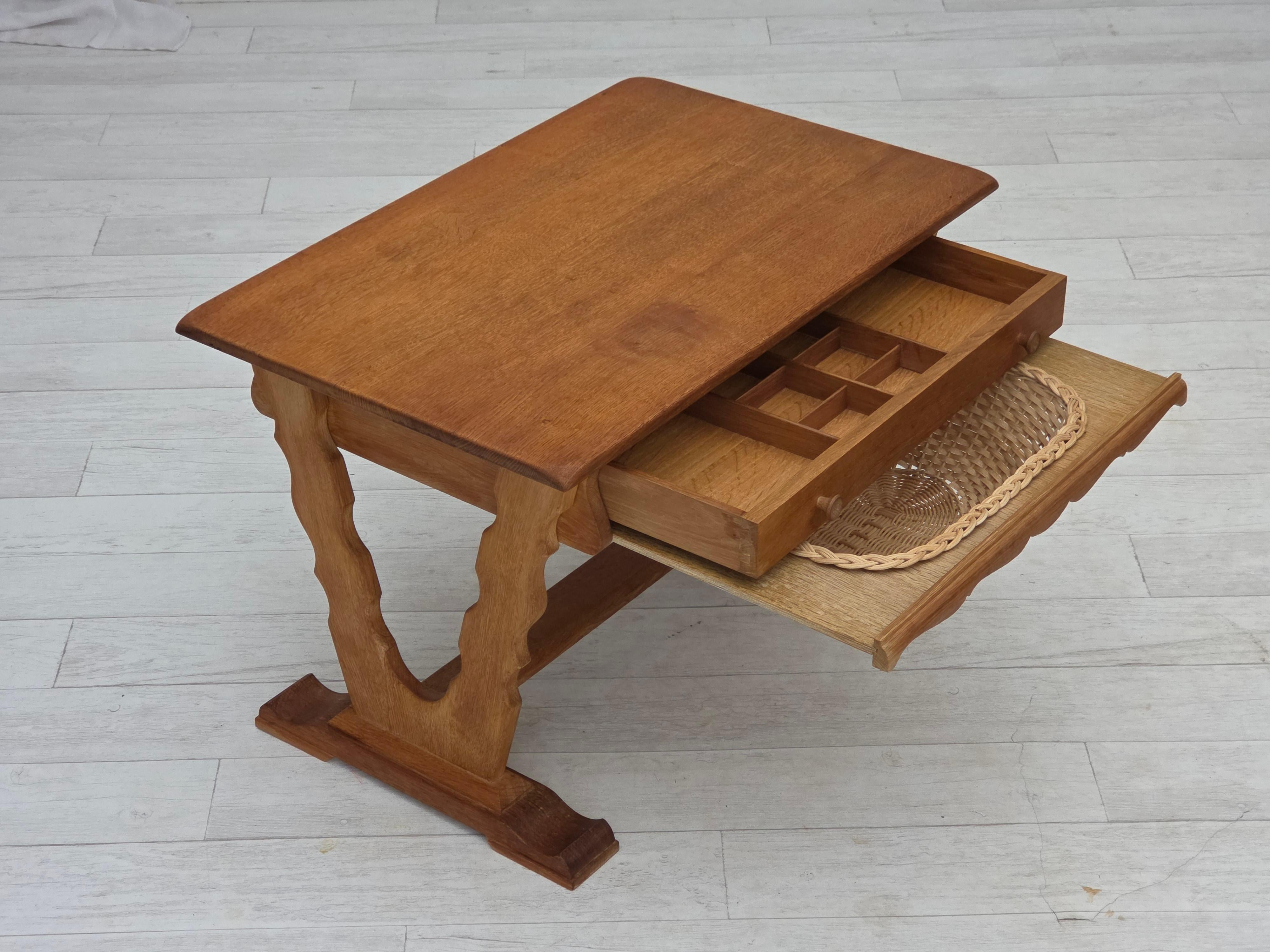 Rattan 1970s, Scandinavian side table with drawers, solid oak wood, rattan. For Sale