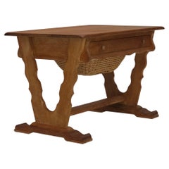 1970s, Scandinavian side table with drawers, solid oak wood, rattan.