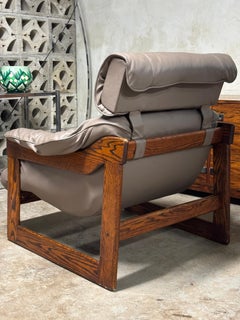 1970s Scandinavian-Style Oak & Taupe Leather Lounge Chair