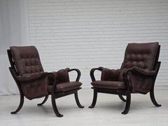 1970s, Scandinavian vintage design, armchair, brown leather, bent wood.