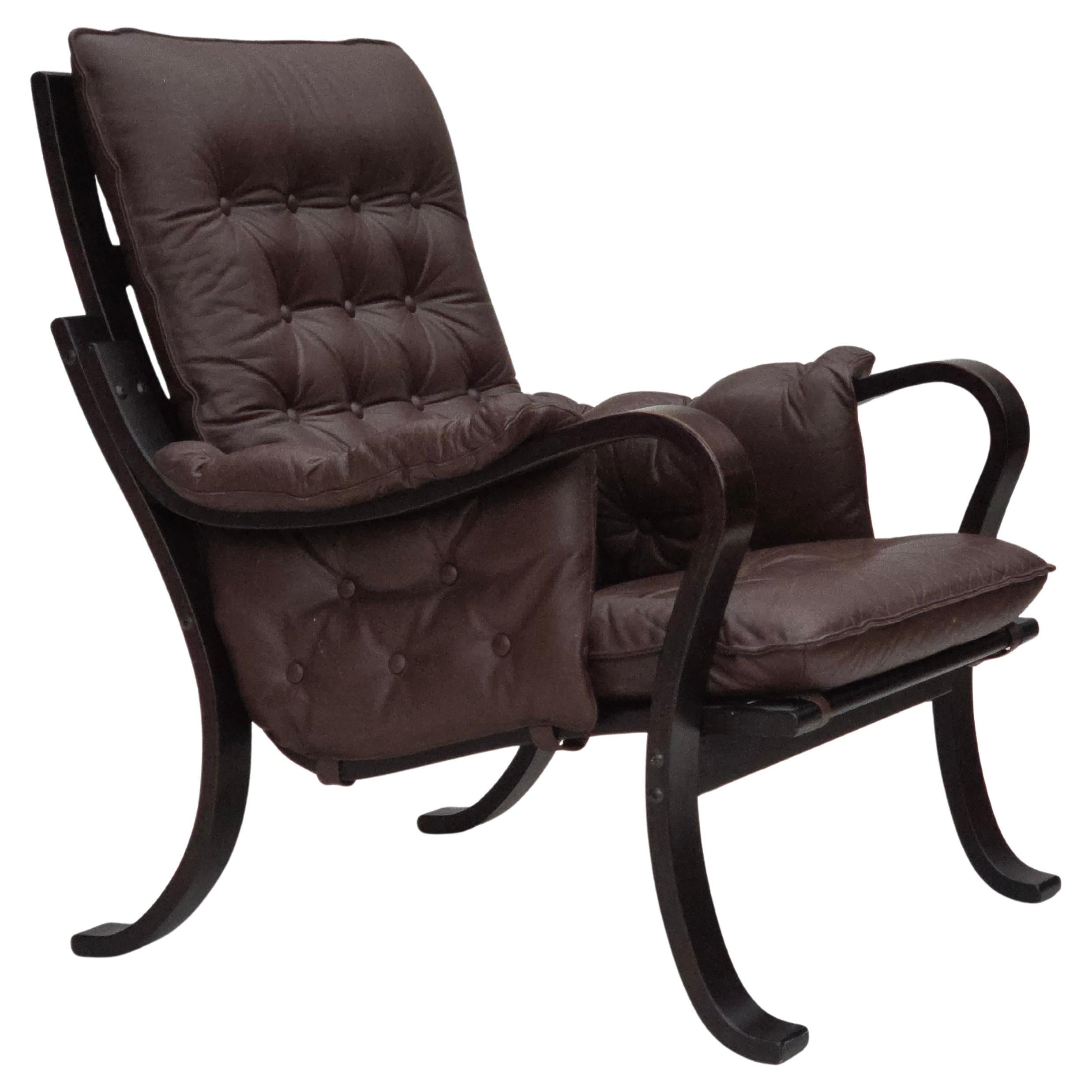 1970s, Scandinavian vintage design, armchair, brown leather, bent wood.