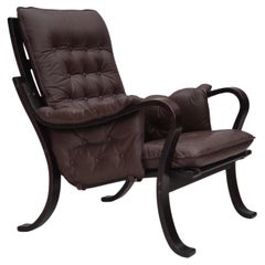 1970s, Scandinavian vintage design, armchair, brown leather, bent wood.