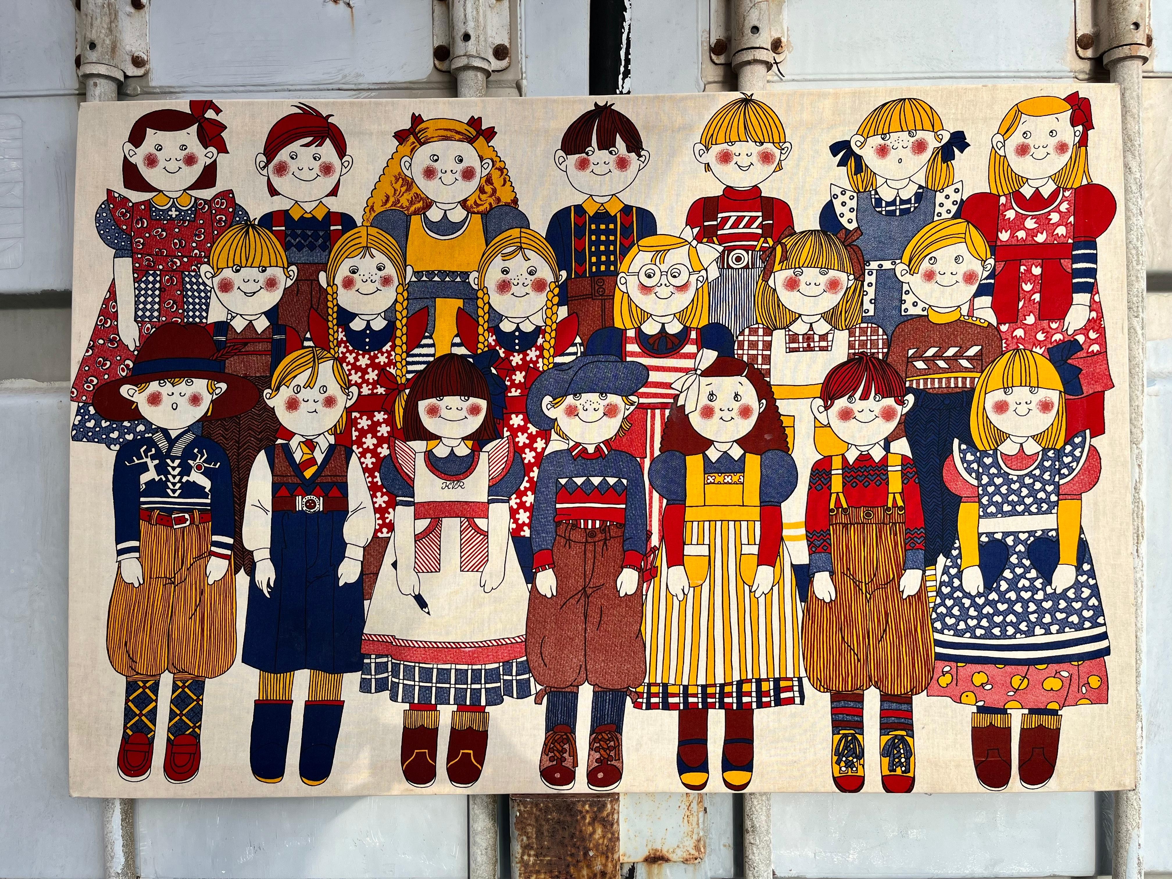 Vintage Scandinavian Wall Textile Children Print by Finlayson, Finland.dated 1971
Features colorful textile print of a group of Scandinavian children in a cartoonish style. 
In good original condition with minor signs of wear consistent with age and