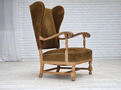 1970s, Scandinavian wingback, highback armchair, furniture corduroy, carved oak.