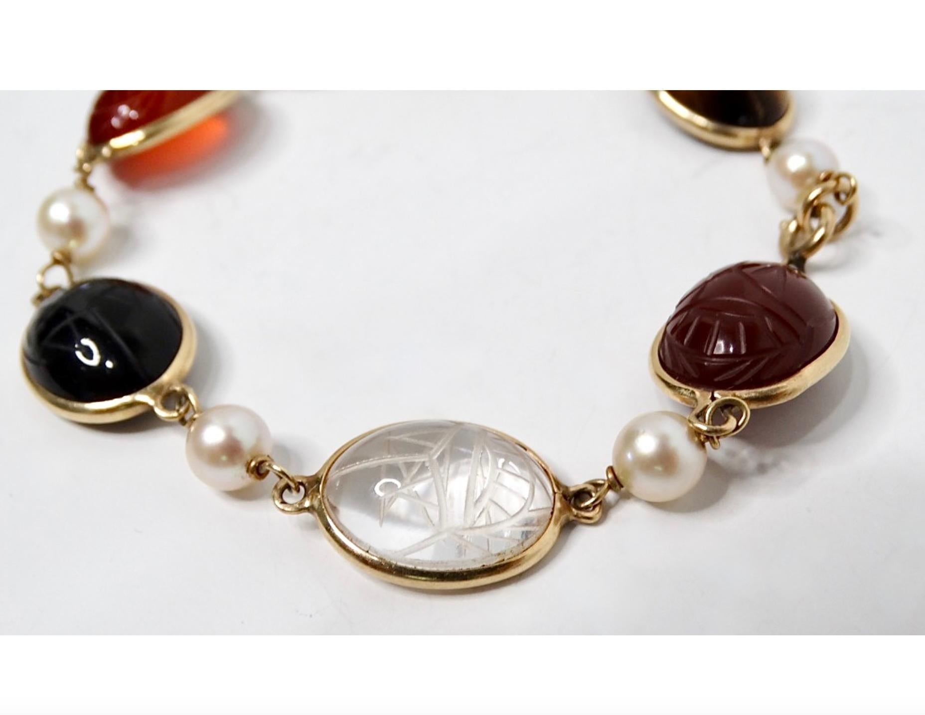 1970s Scarab Carved Multi-Gemstone & Pearl 12k Gold Filled Bracelet In Good Condition For Sale In Scottsdale, AZ