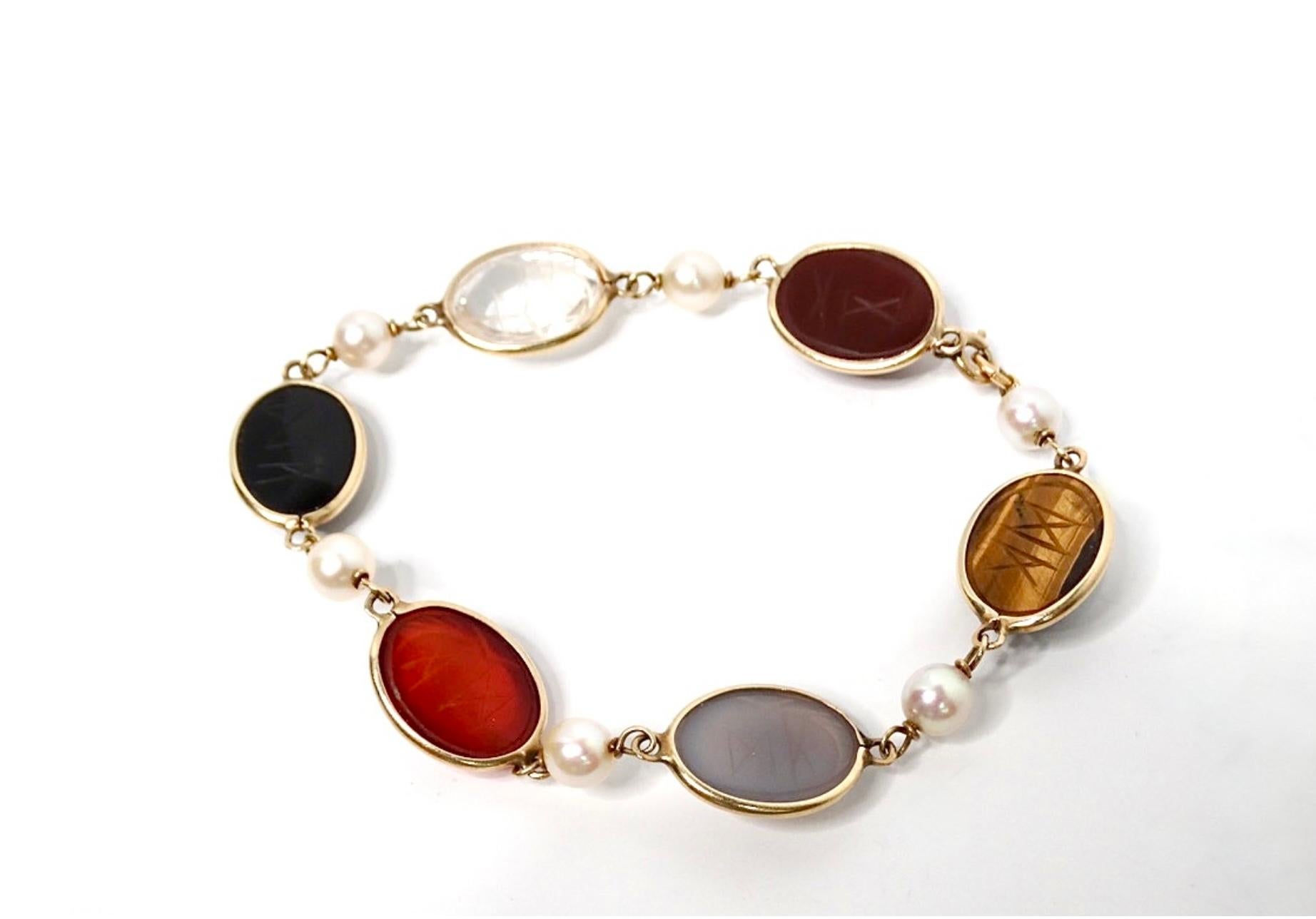Women's 1970s Scarab Carved Multi-Gemstone & Pearl 12k Gold Filled Bracelet For Sale