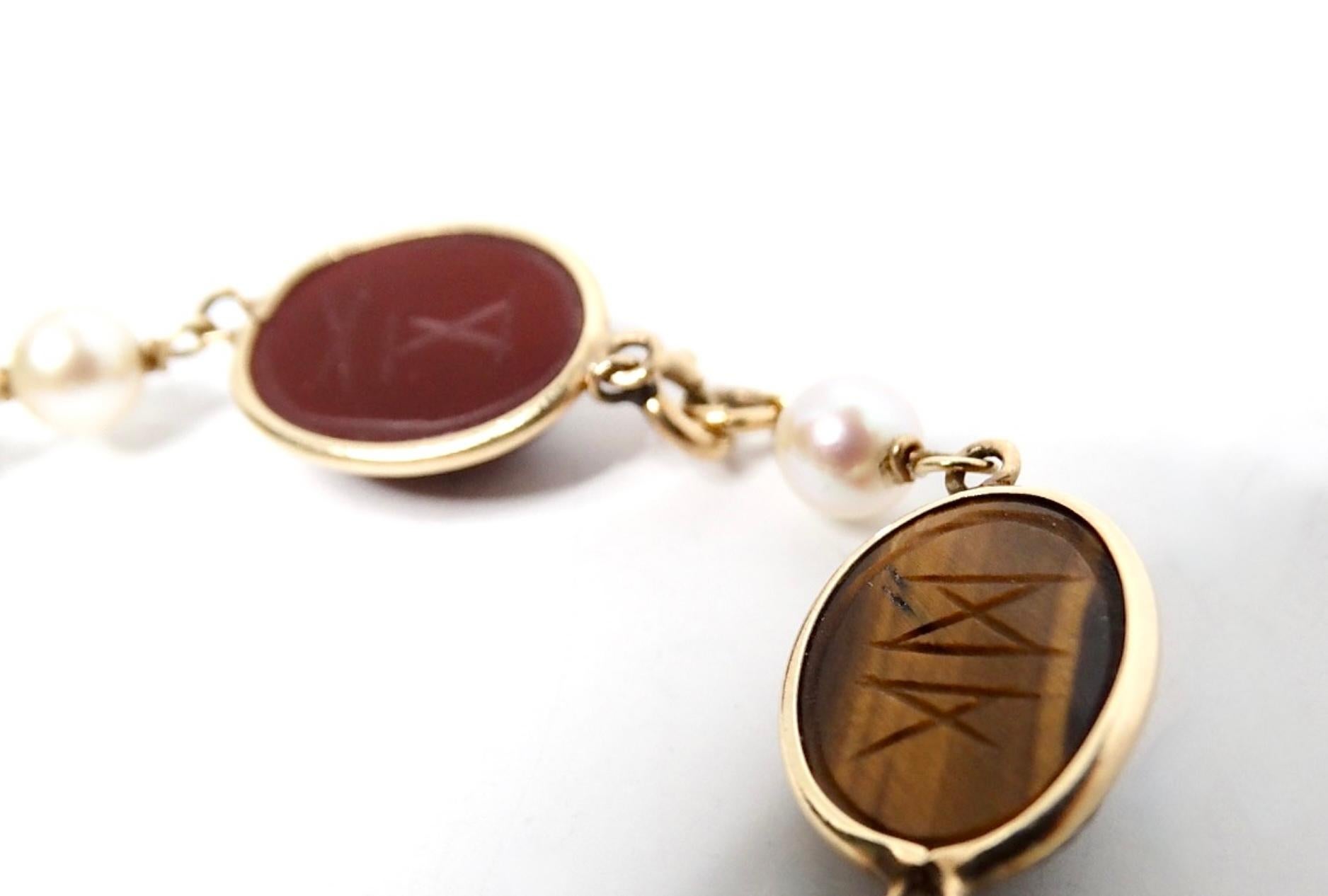 1970s Scarab Carved Multi-Gemstone & Pearl 12k Gold Filled Bracelet For Sale 1