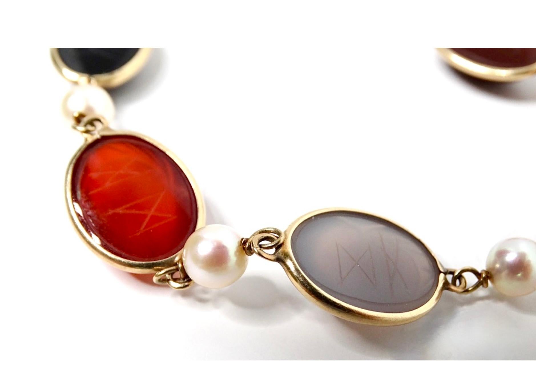 1970s Scarab Carved Multi-Gemstone & Pearl 12k Gold Filled Bracelet For Sale 2