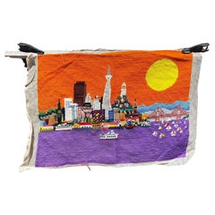 1970s Scenic Cityscape Vintage Tapestry Textile Art Purple and Orange