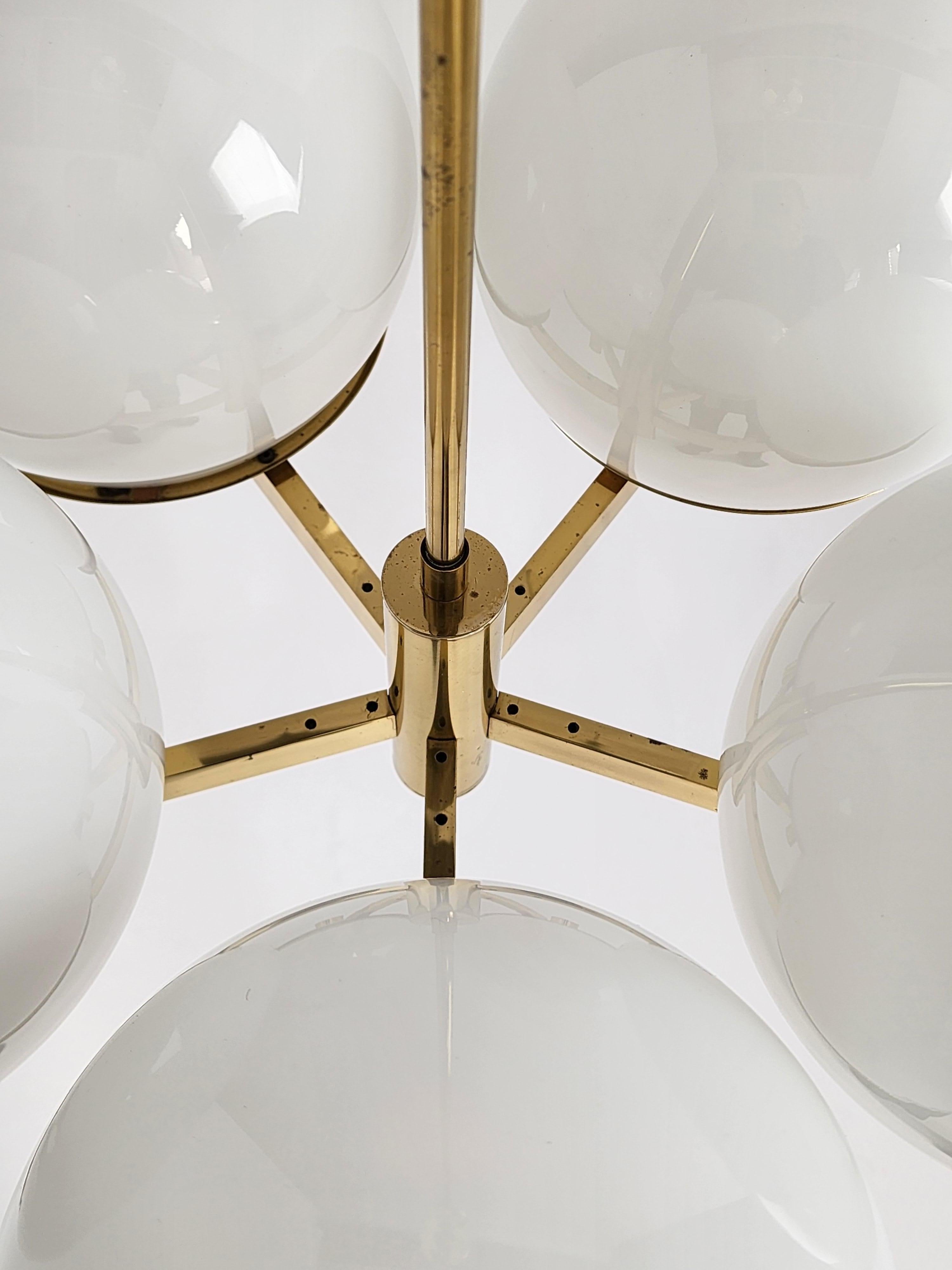 1970s Sciolari 5 Arm Brass Chandelier with Huge Glass Shade, Italy For Sale 1