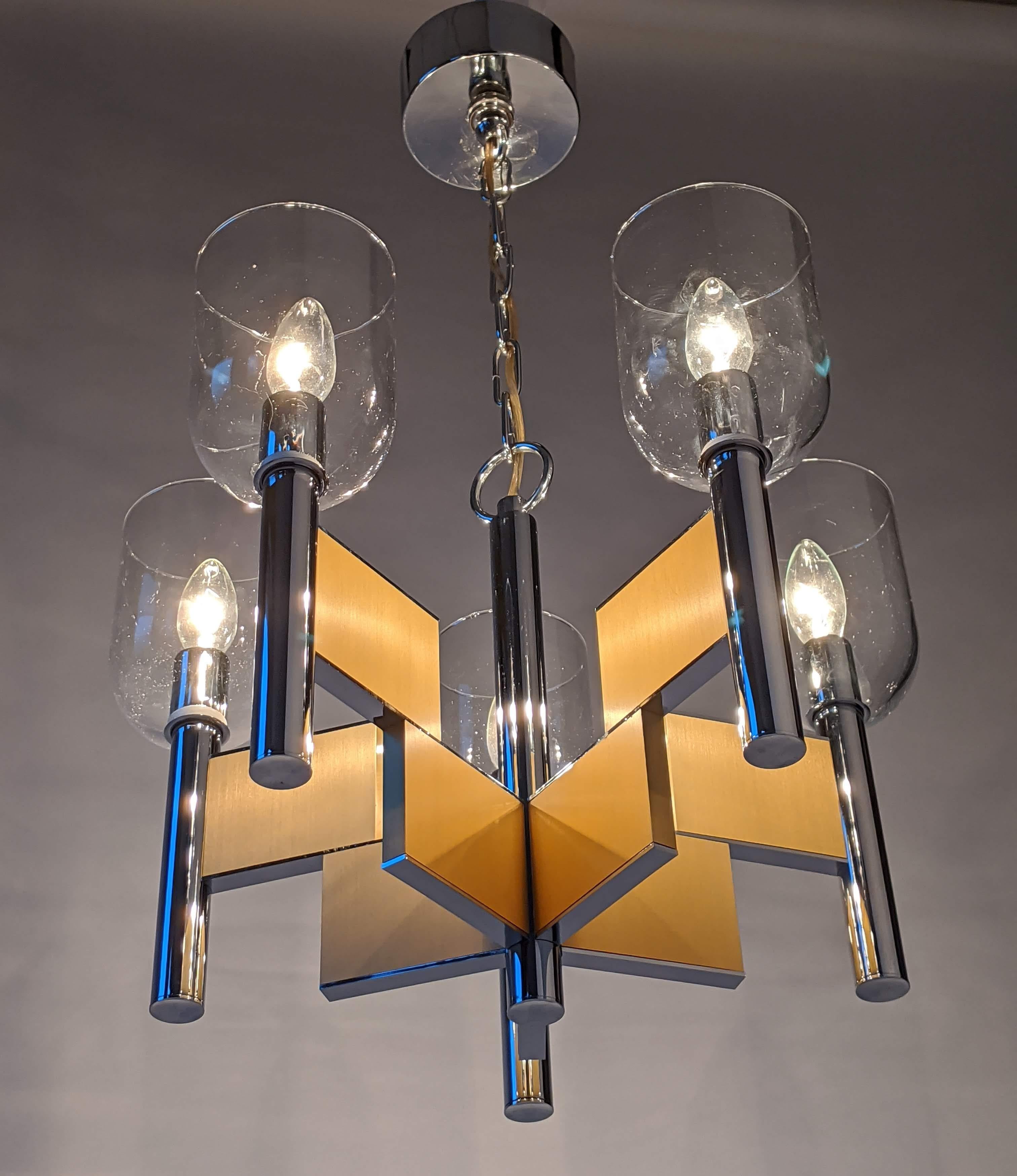 Mid-Century Modern 1970s Mint Sciolari 5-Arm Glass Hurricane Chandelier, Italy For Sale