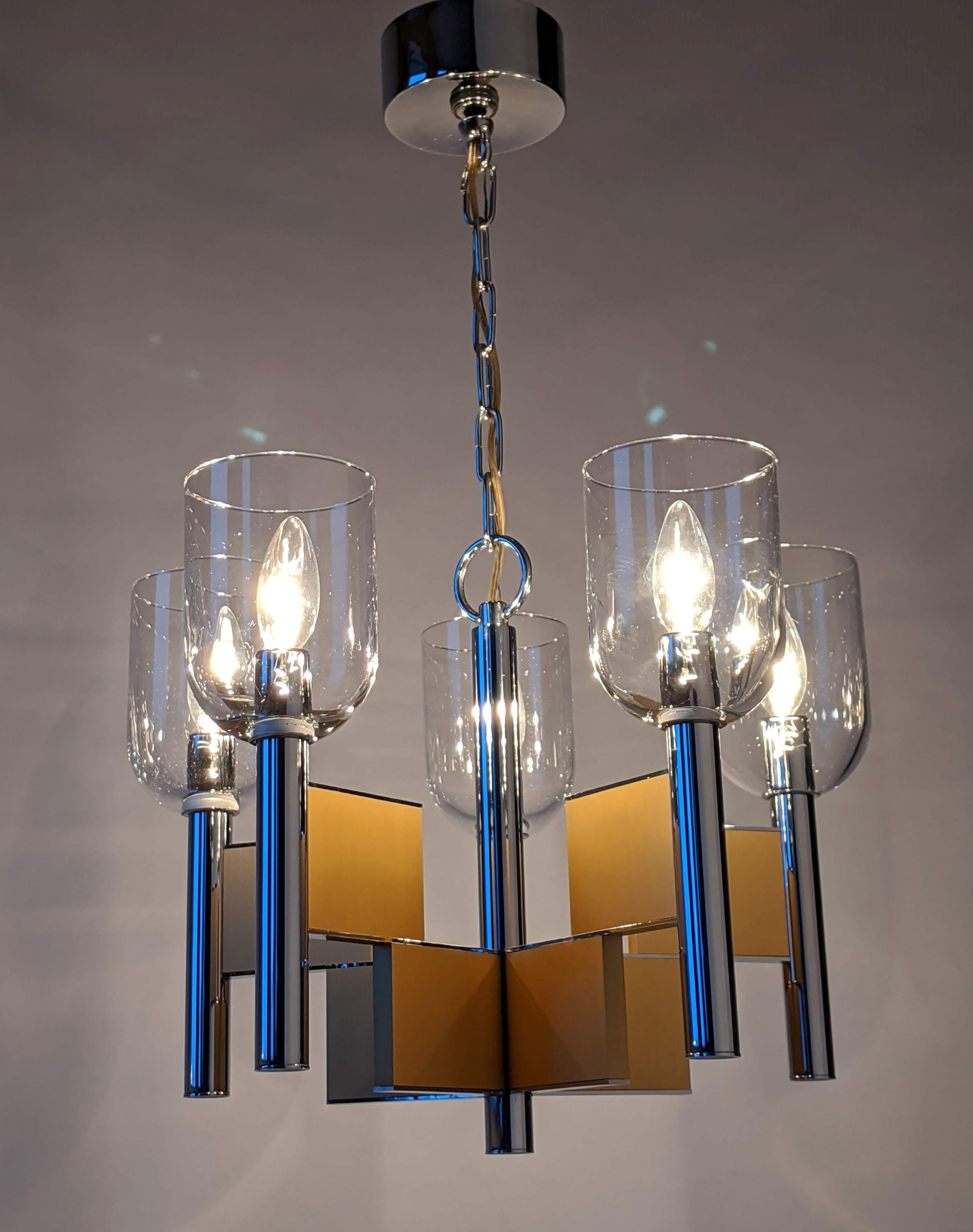 Italian 1970s Mint Sciolari 5-Arm Glass Hurricane Chandelier, Italy For Sale