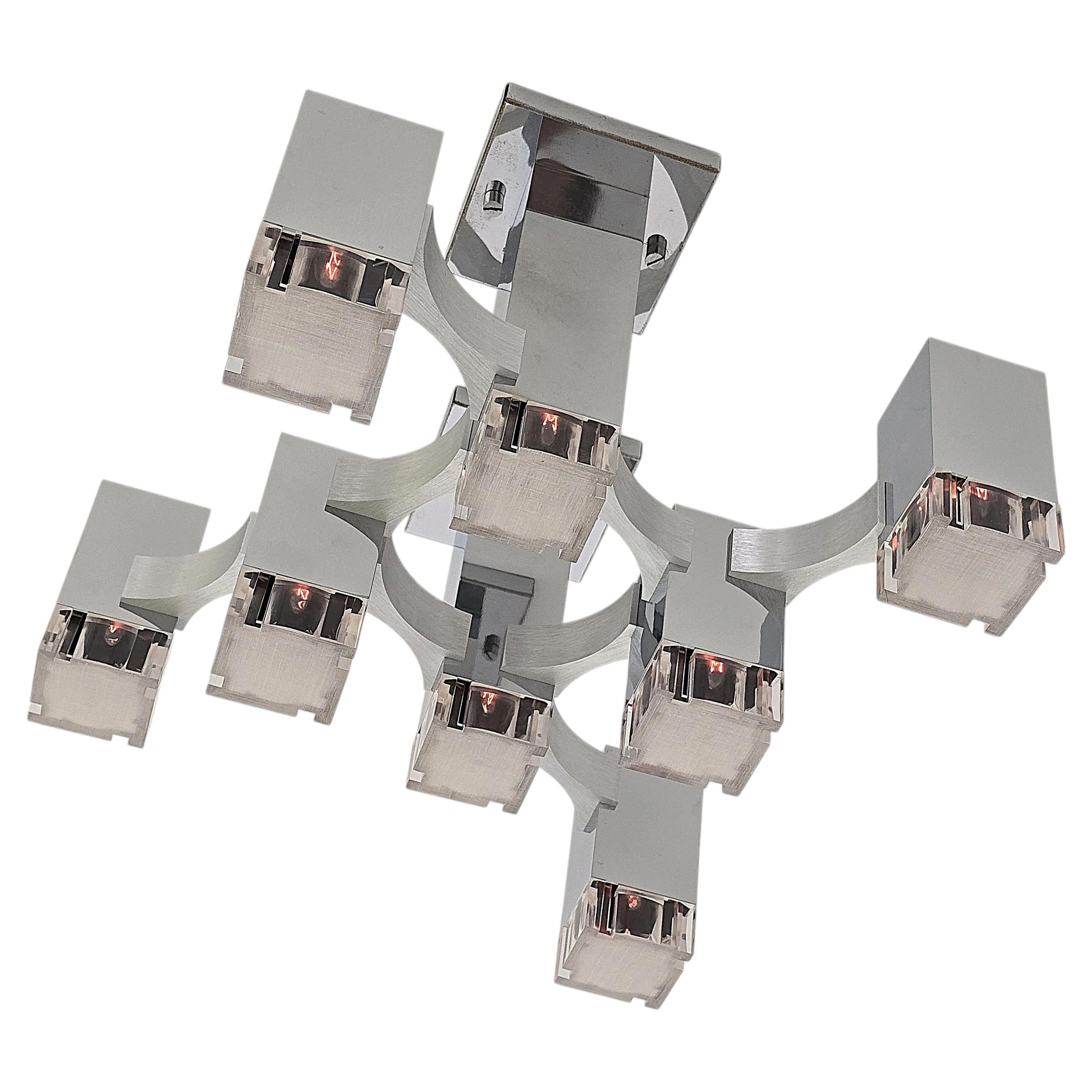 1970s Sciolari 8 Lights Chrome Cubic Flush Mount , Italy For Sale