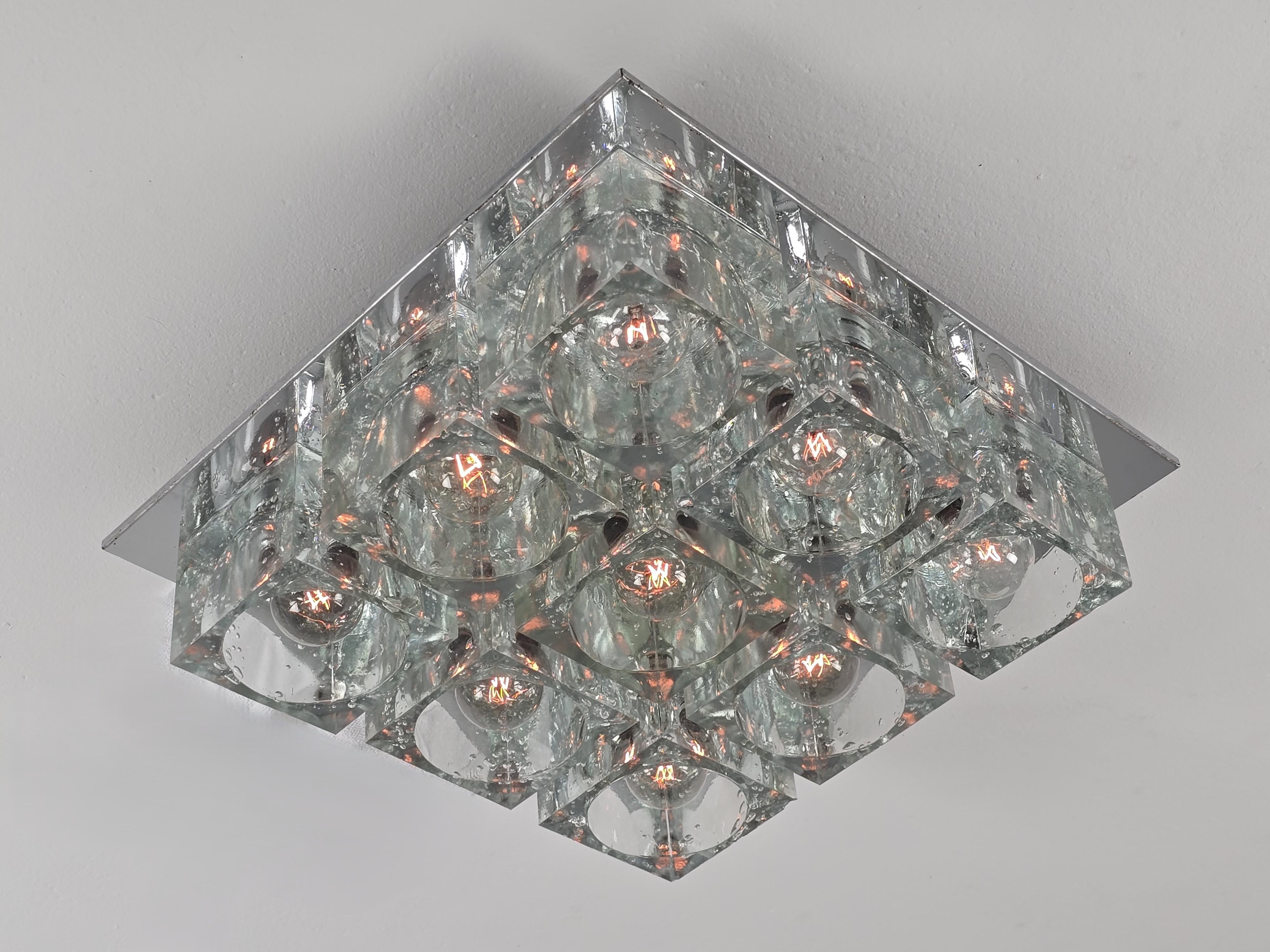 Plated 1970s   Sciolari  9 Thick Glass Cube Flush Mount for Lightolier , USA For Sale