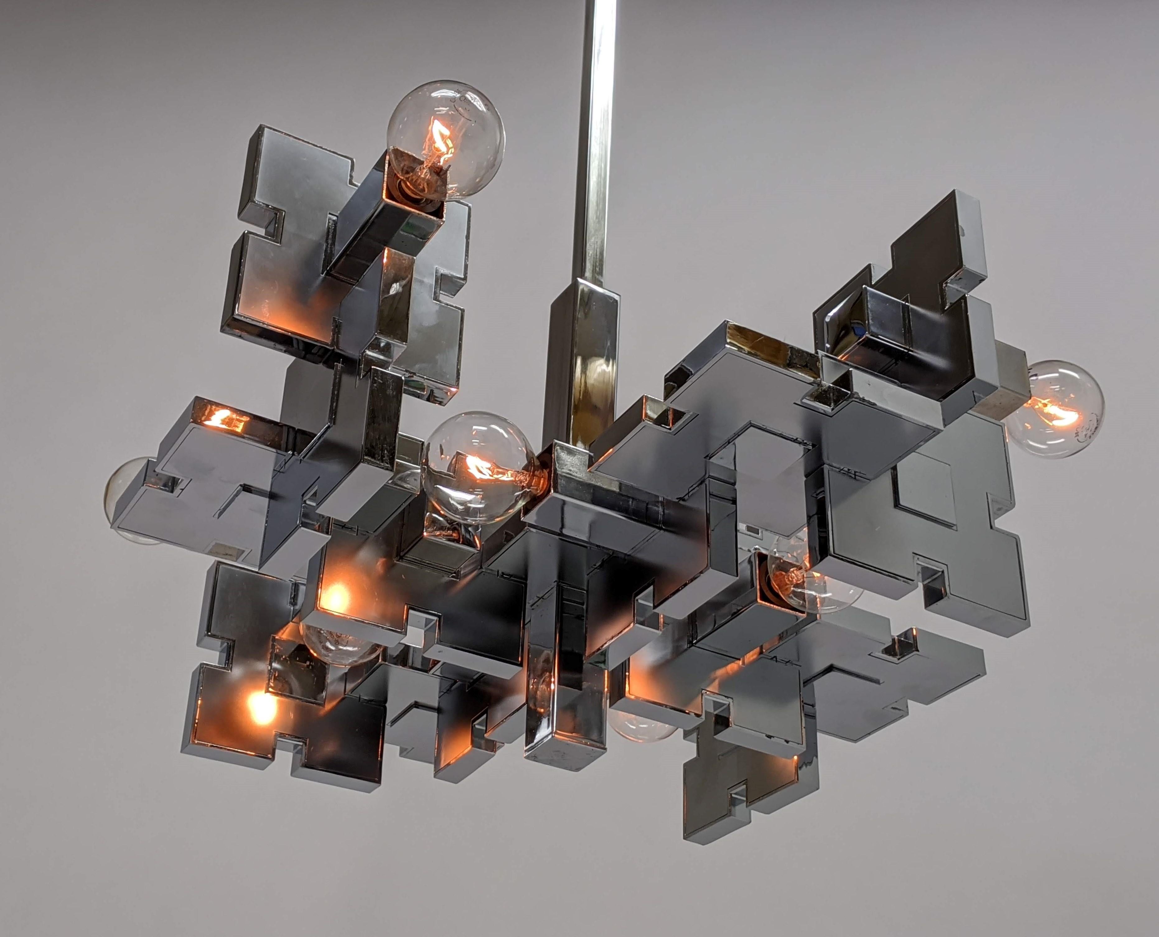 1970s Sciolari Architectural Chrome Chandelier, Italy  3